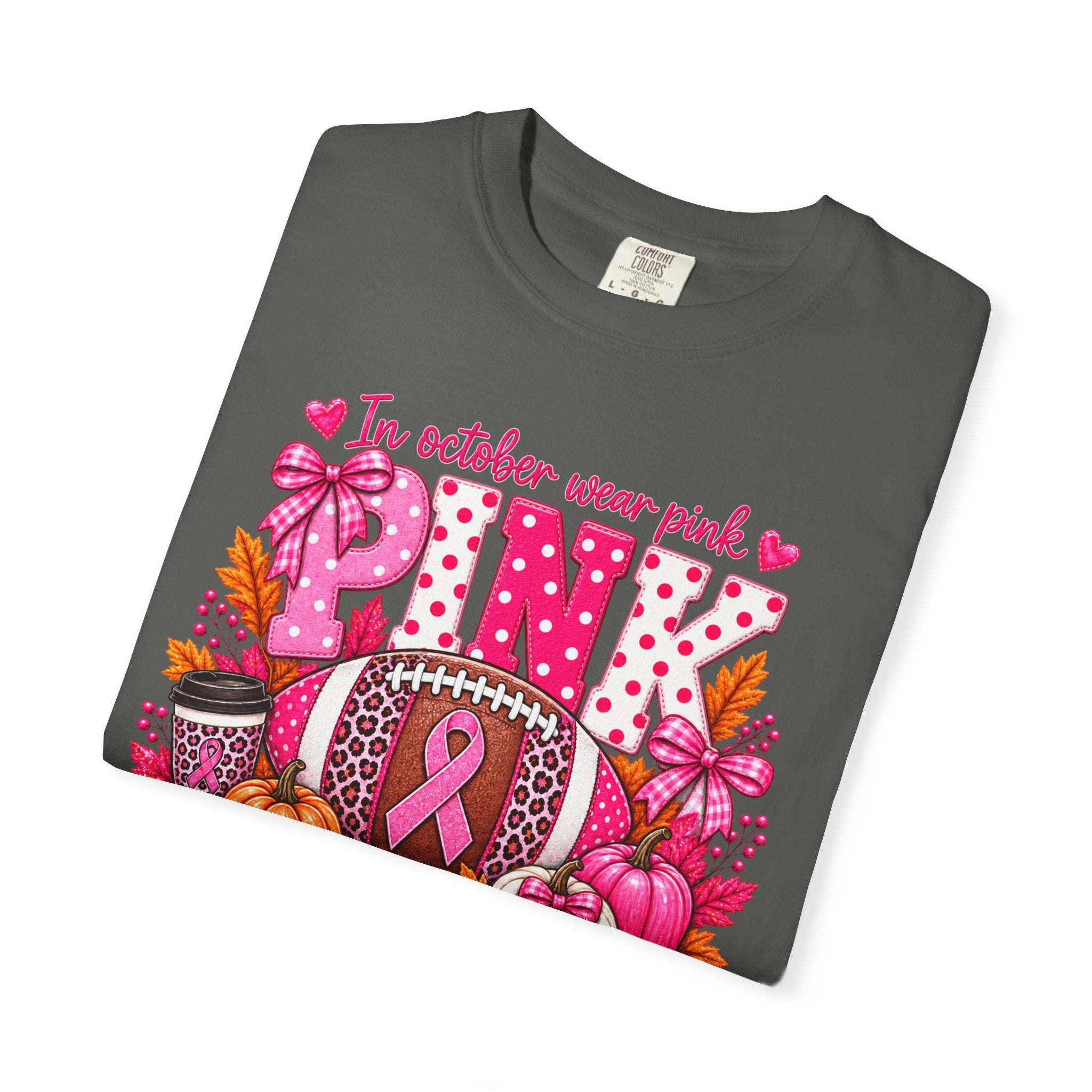Breast Cancer Awareness Fall Football T-Shirt — "In October Wear Pink"