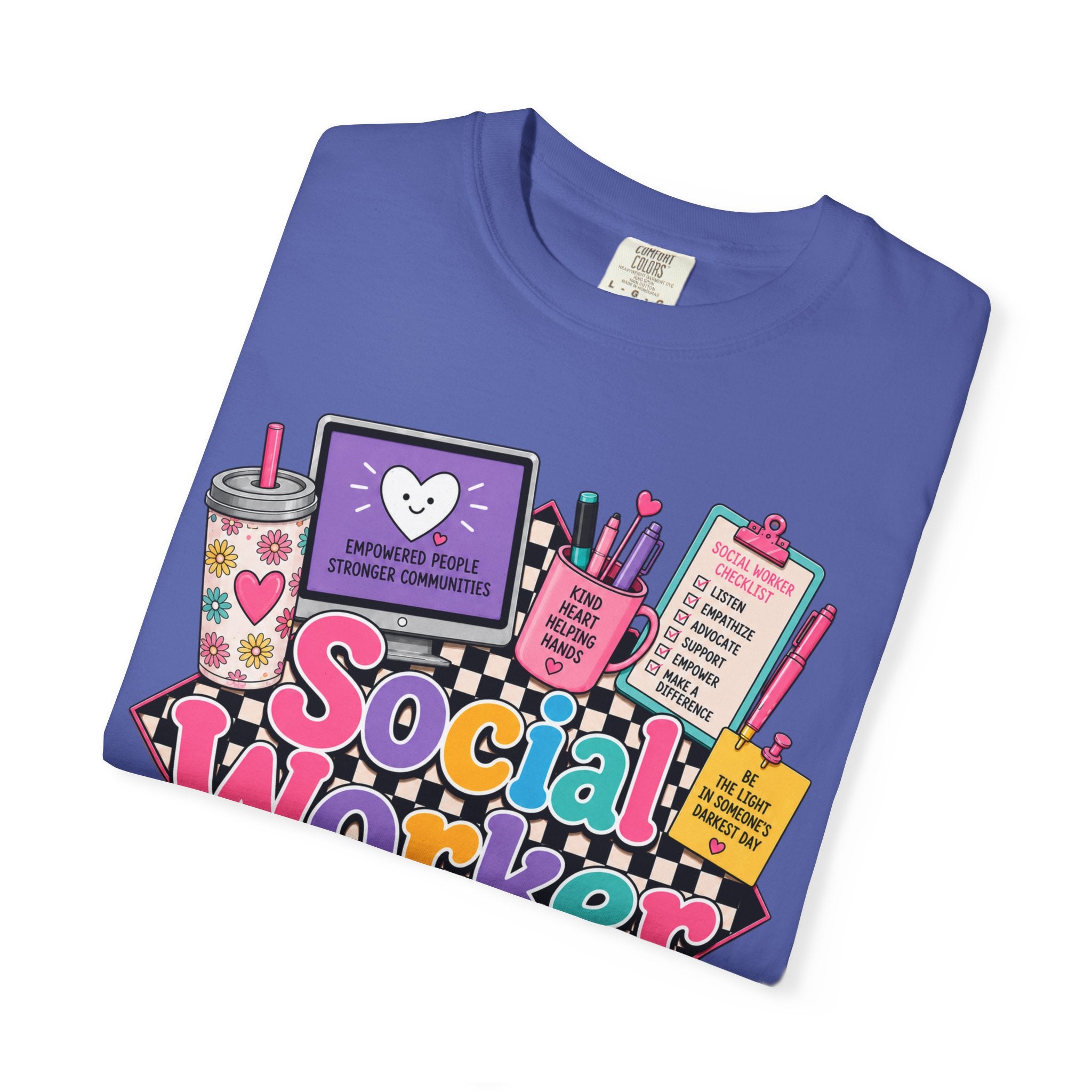 Social Worker graphic T-shirt | colorful icons, books, clipboard, coffee mug