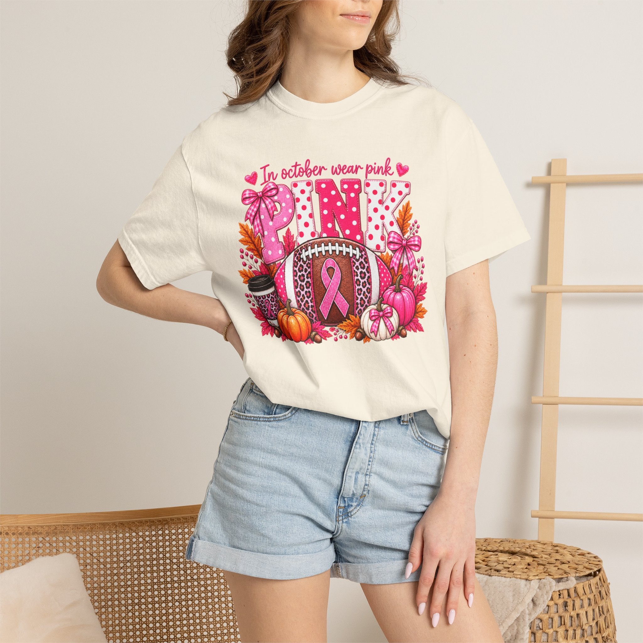 Breast Cancer Awareness Fall Football T-Shirt — "In October Wear Pink"