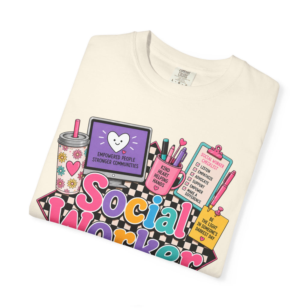 Social Worker graphic T-shirt | colorful icons, books, clipboard, coffee mug
