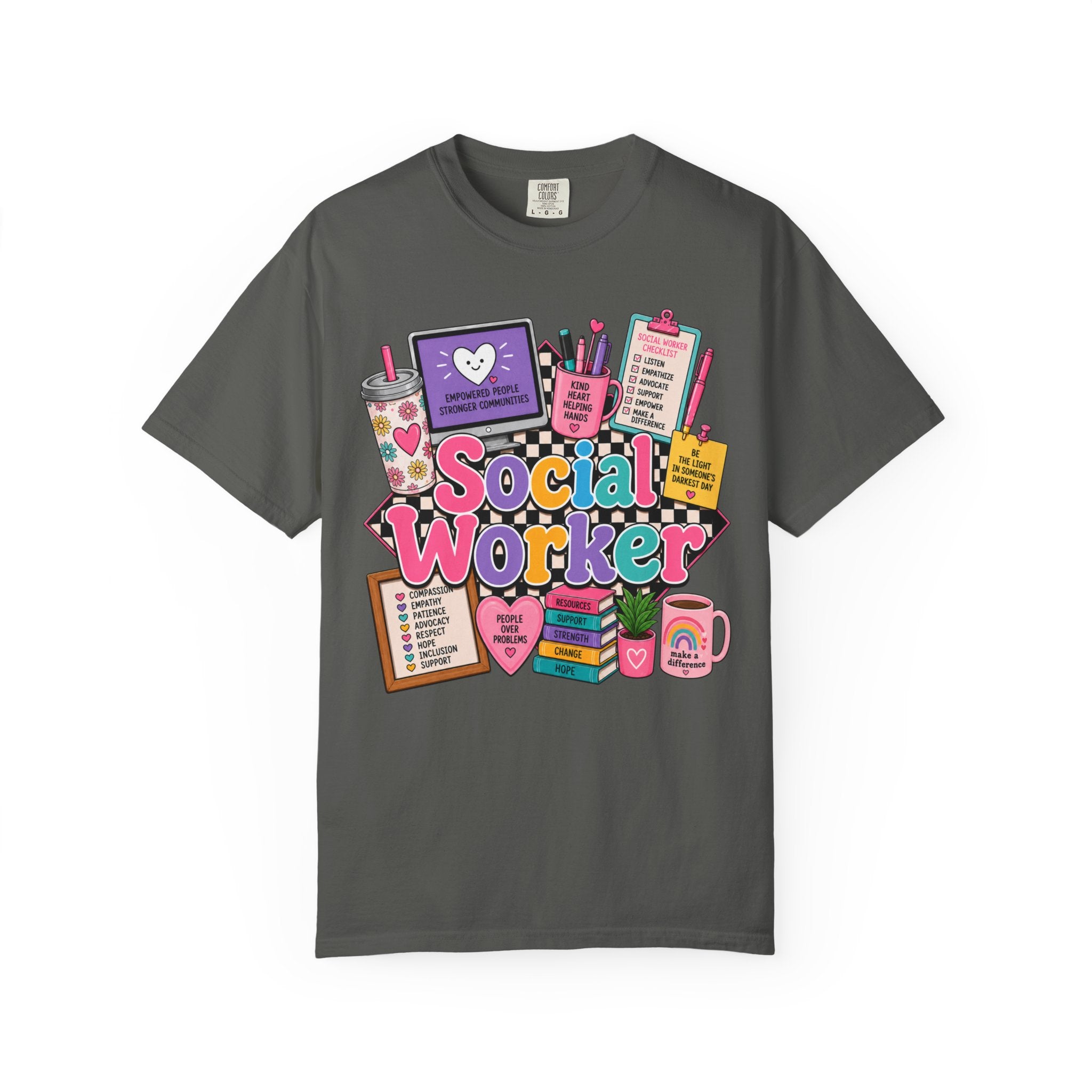 Social Worker graphic T-shirt | colorful icons, books, clipboard, coffee mug
