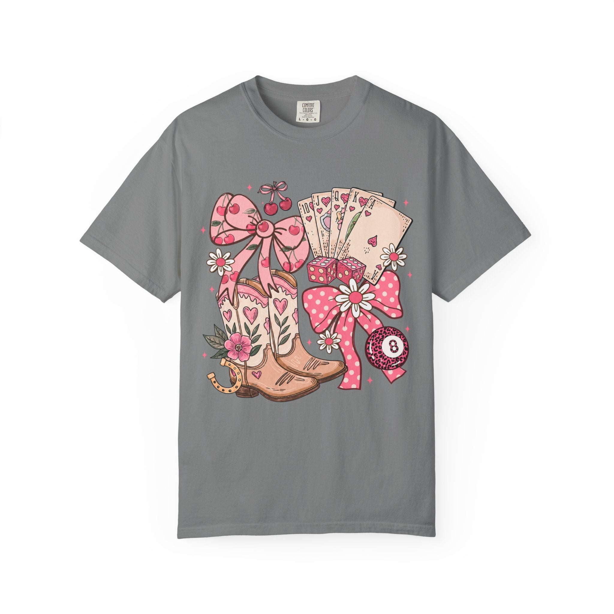 Cowgirl Boots and Poker Cards T-Shirt | Pink Ribbon Floral Western Design