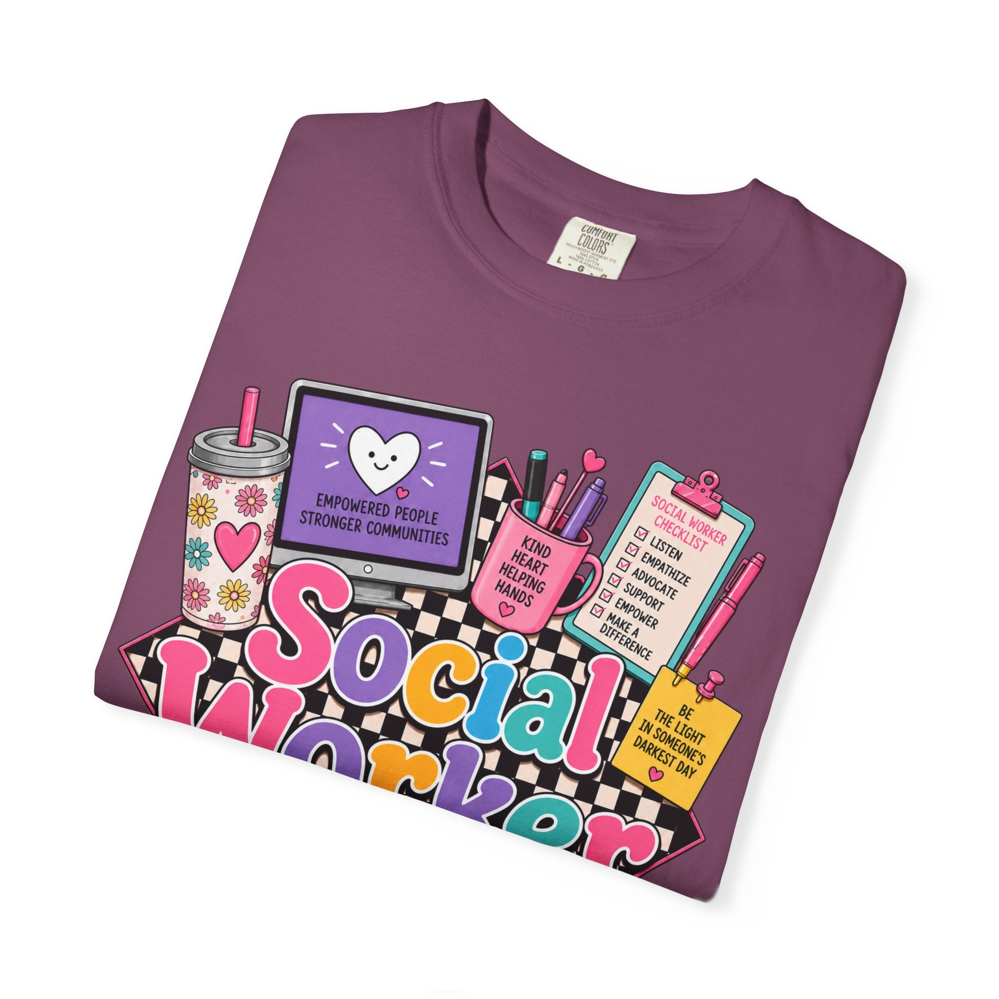 Social Worker graphic T-shirt | colorful icons, books, clipboard, coffee mug
