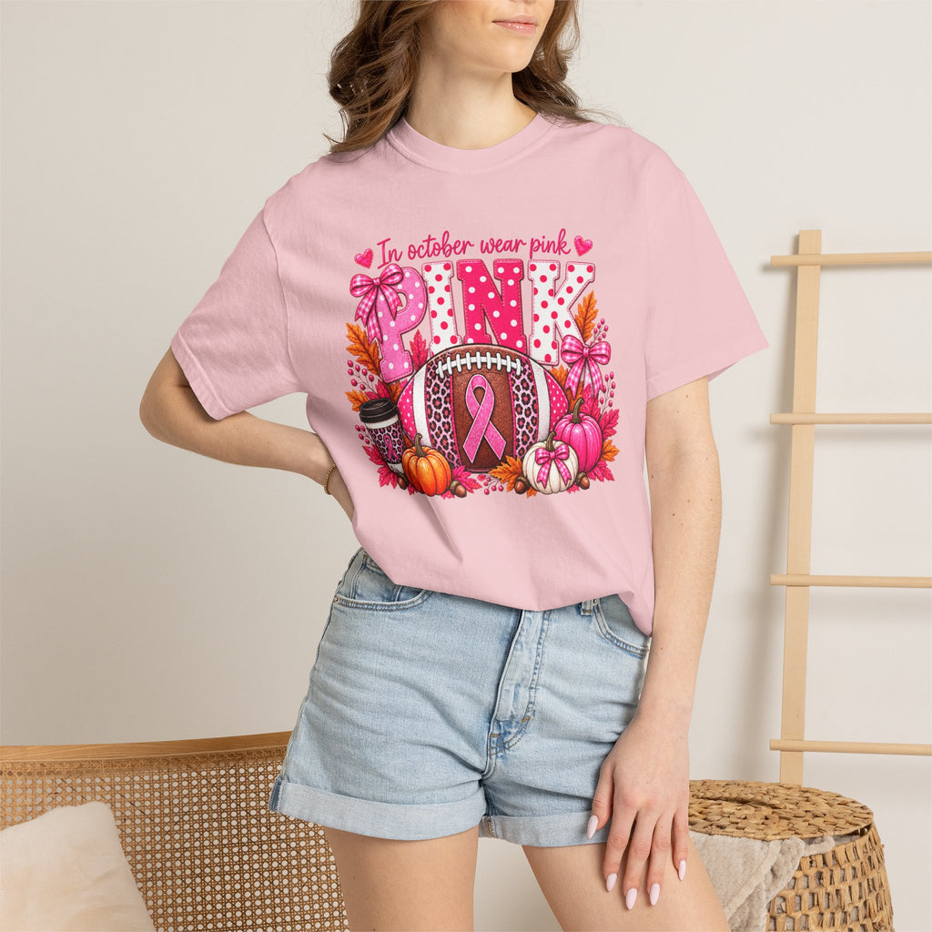 Breast Cancer Awareness Fall Football T-Shirt — "In October Wear Pink"