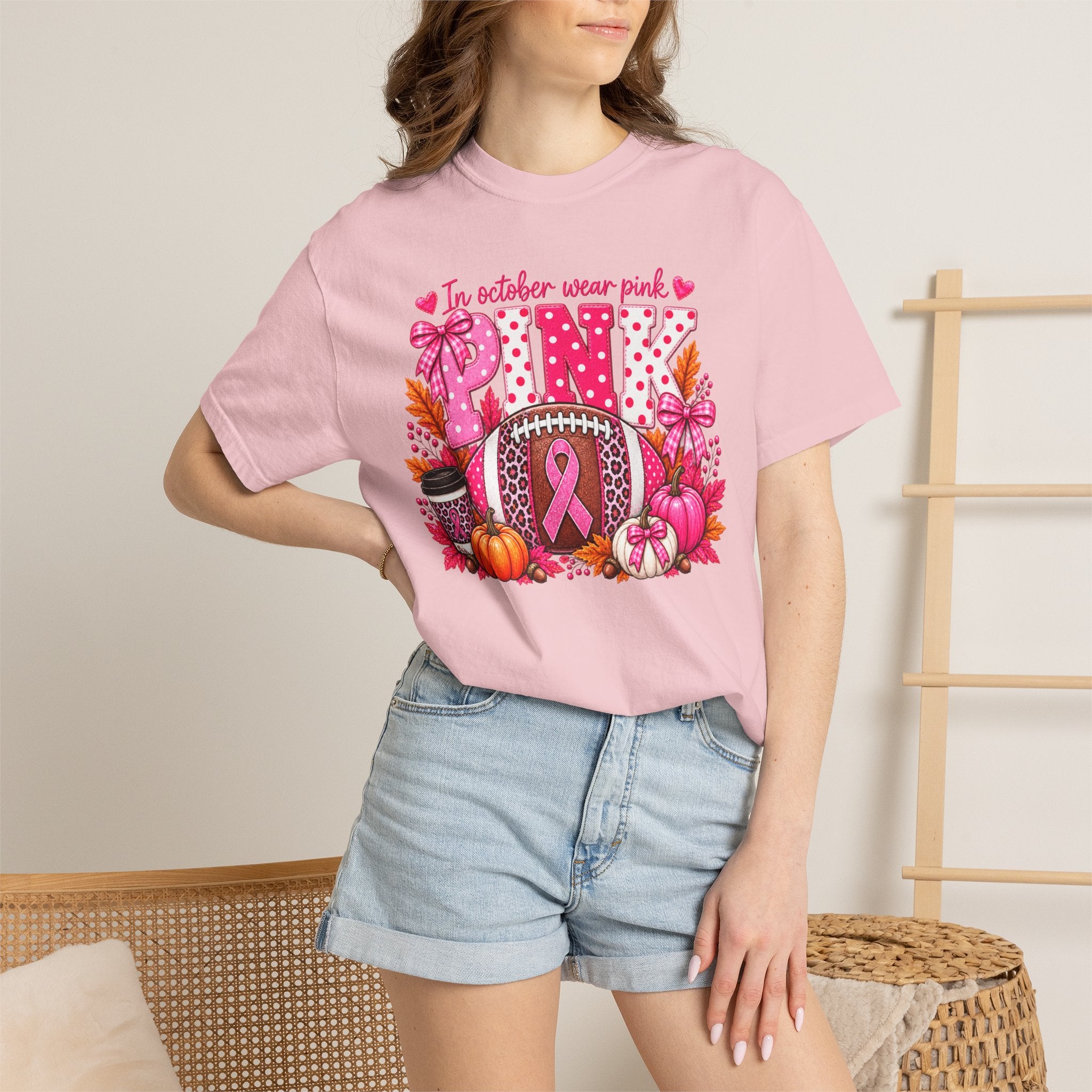 Breast Cancer Awareness Fall Football T-Shirt — "In October Wear Pink"