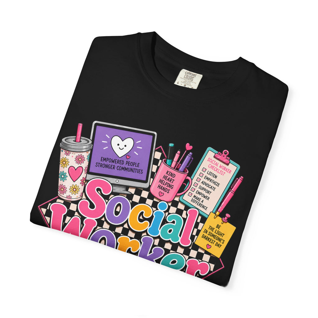 Social Worker graphic T-shirt | colorful icons, books, clipboard, coffee mug