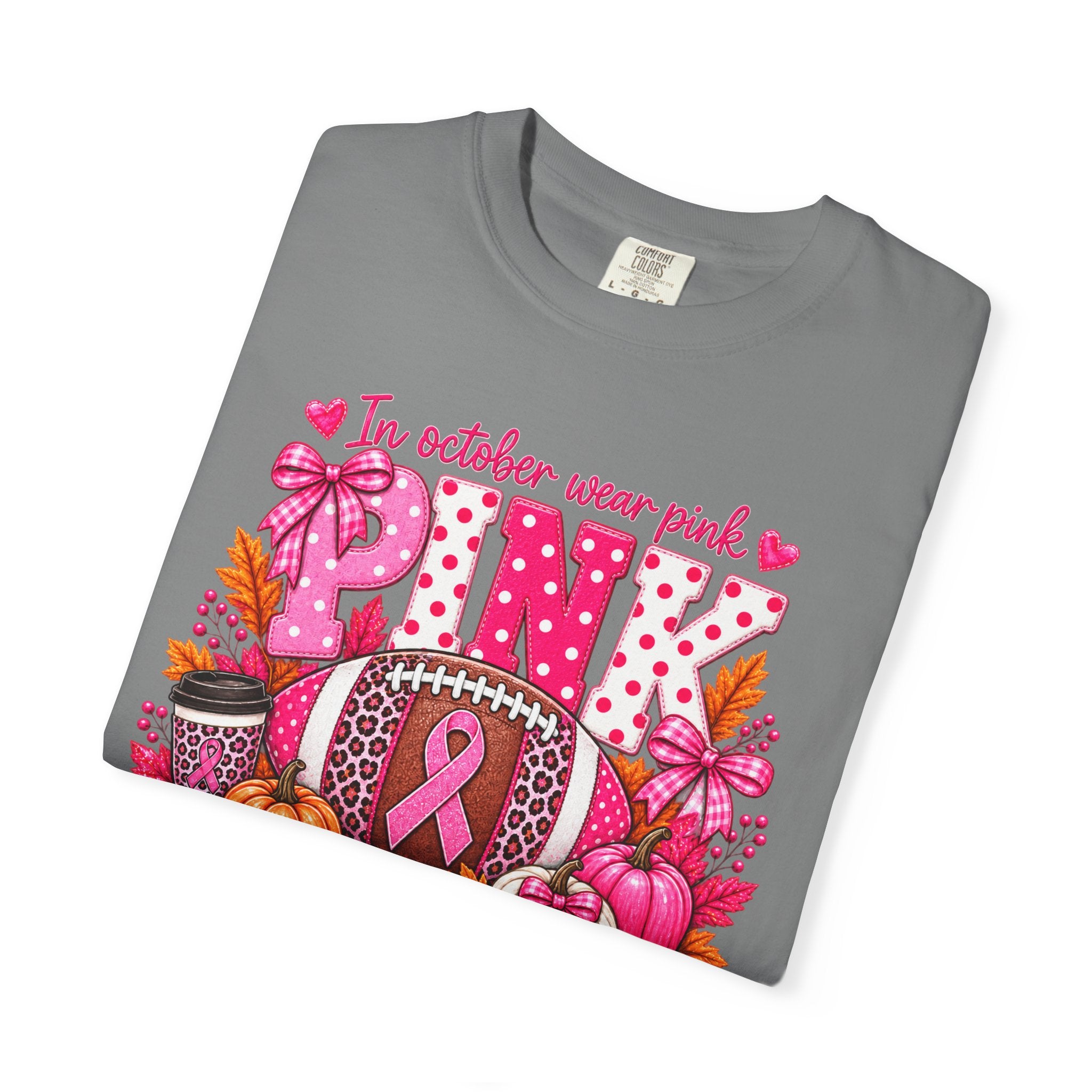 Breast Cancer Awareness Fall Football T-Shirt — "In October Wear Pink"
