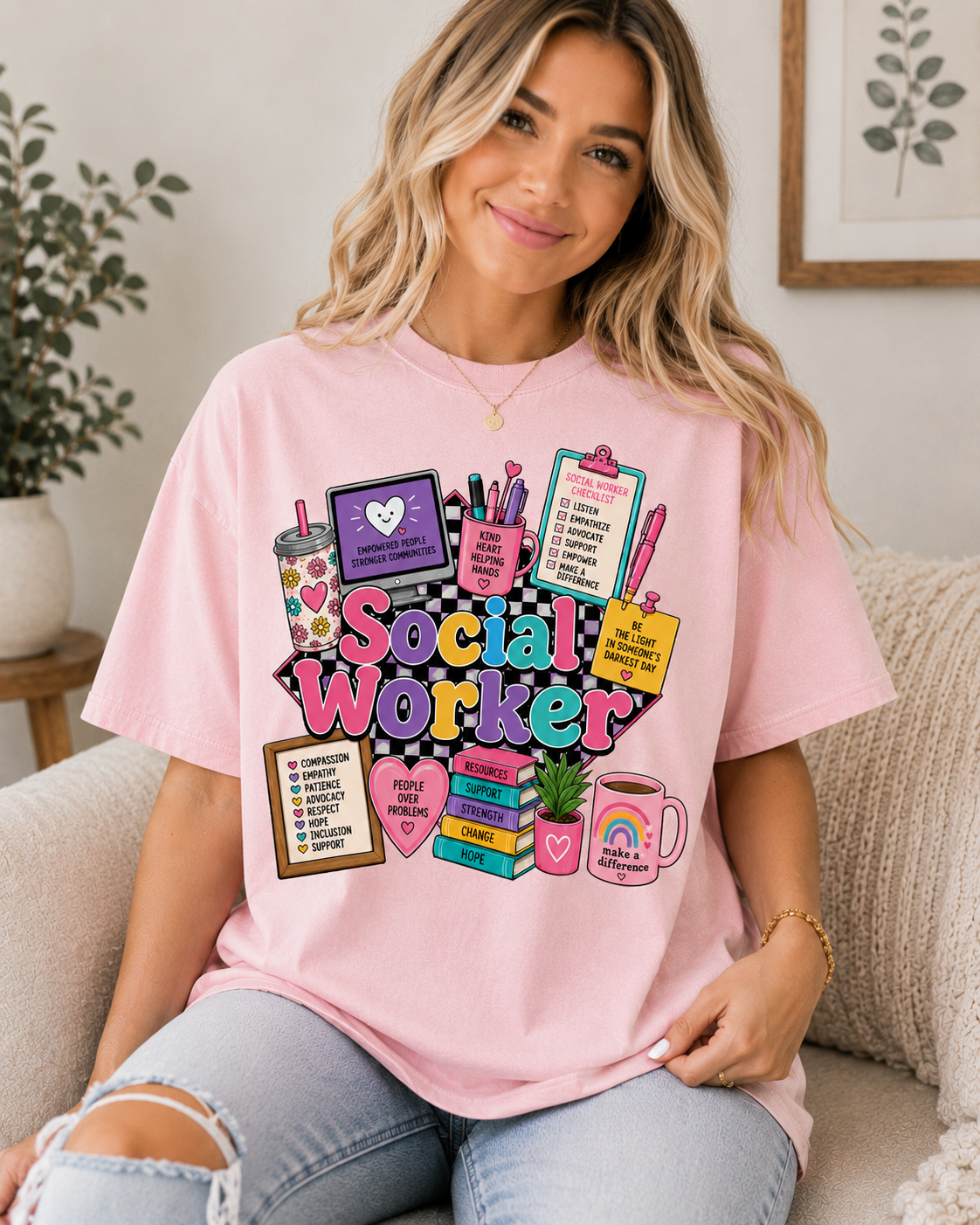 Social Worker graphic T-shirt | colorful icons, books, clipboard, coffee mug