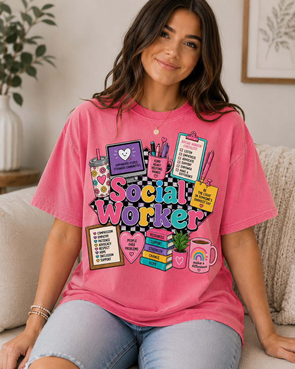 Social Worker graphic T-shirt | colorful icons, books, clipboard, coffee mug