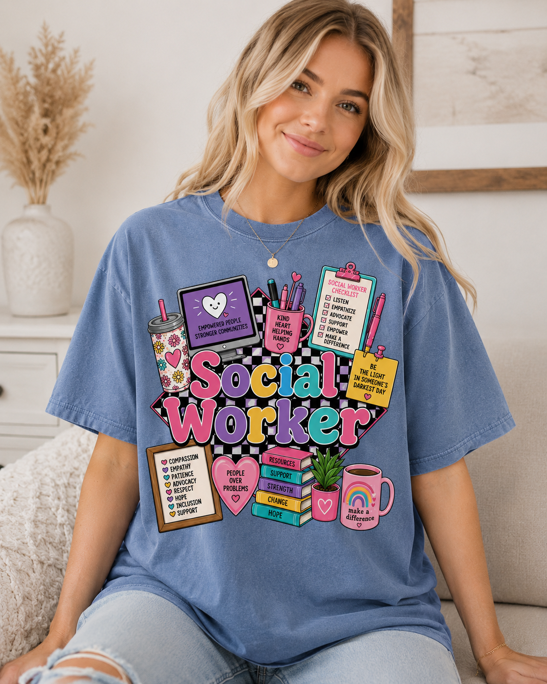 Social Worker graphic T-shirt | colorful icons, books, clipboard, coffee mug