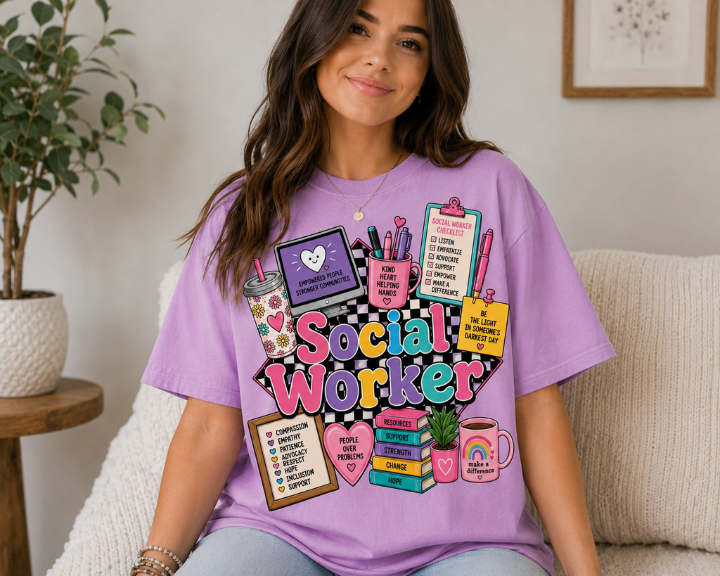 Social Worker graphic T-shirt | colorful icons, books, clipboard, coffee mug