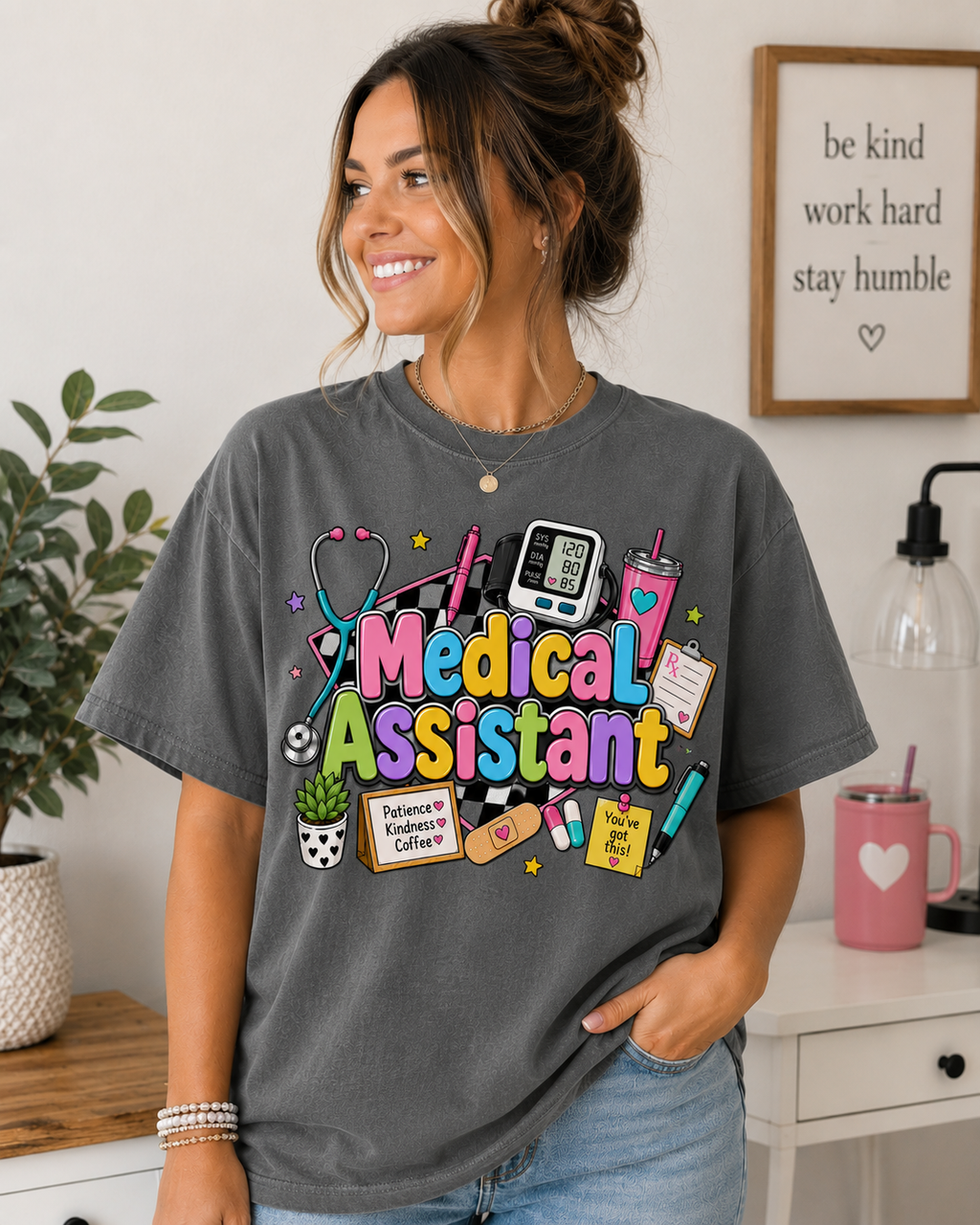 Medical Assistant colorful doodle design T-shirt | stethoscope, clipboard, glucometer