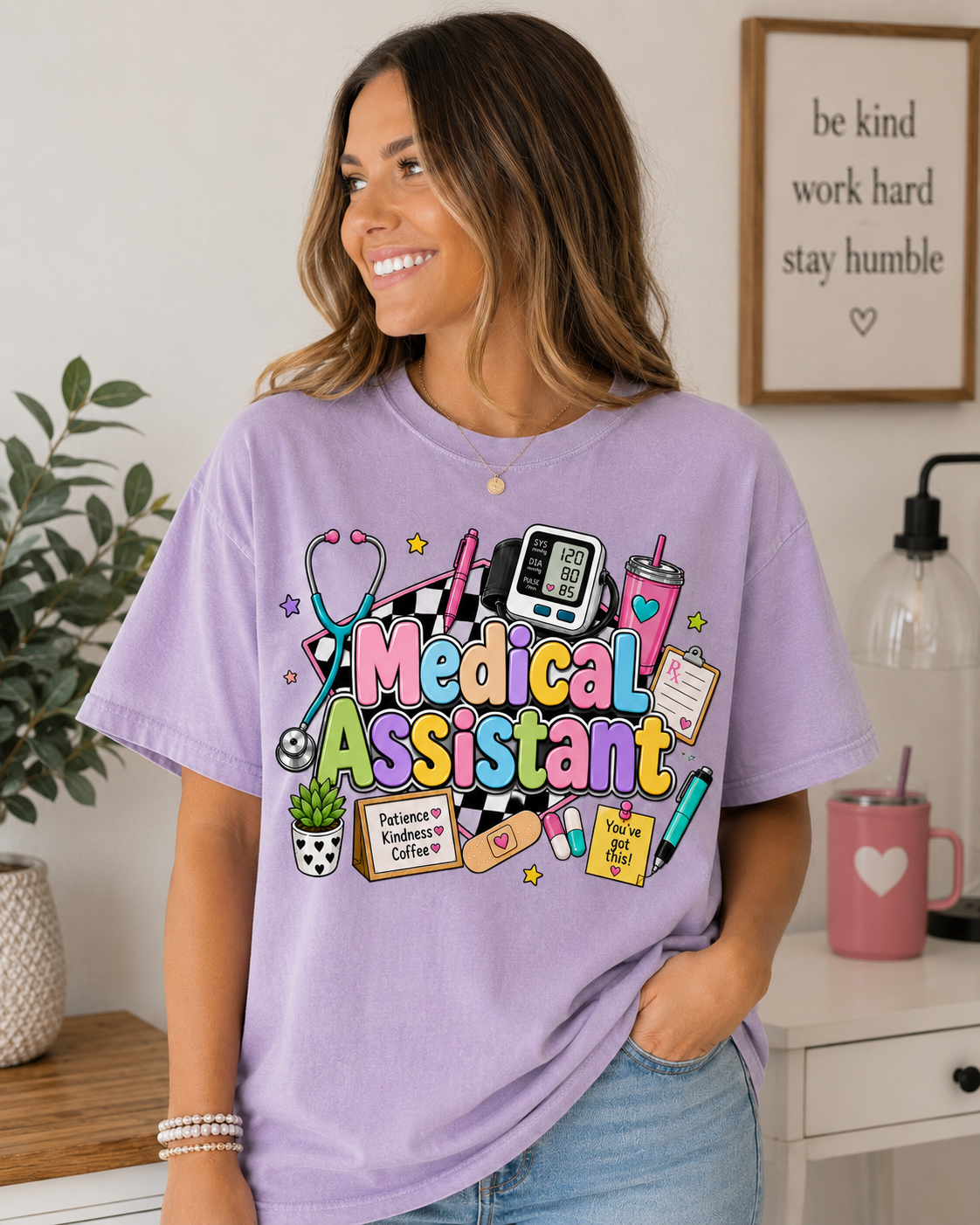 Medical Assistant colorful doodle design T-shirt | stethoscope, clipboard, glucometer
