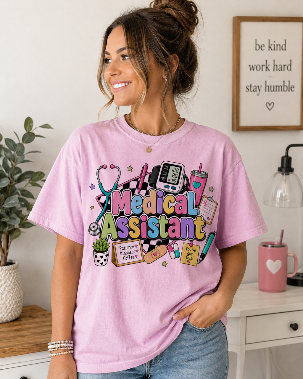 Medical Assistant colorful doodle design T-shirt | stethoscope, clipboard, glucometer