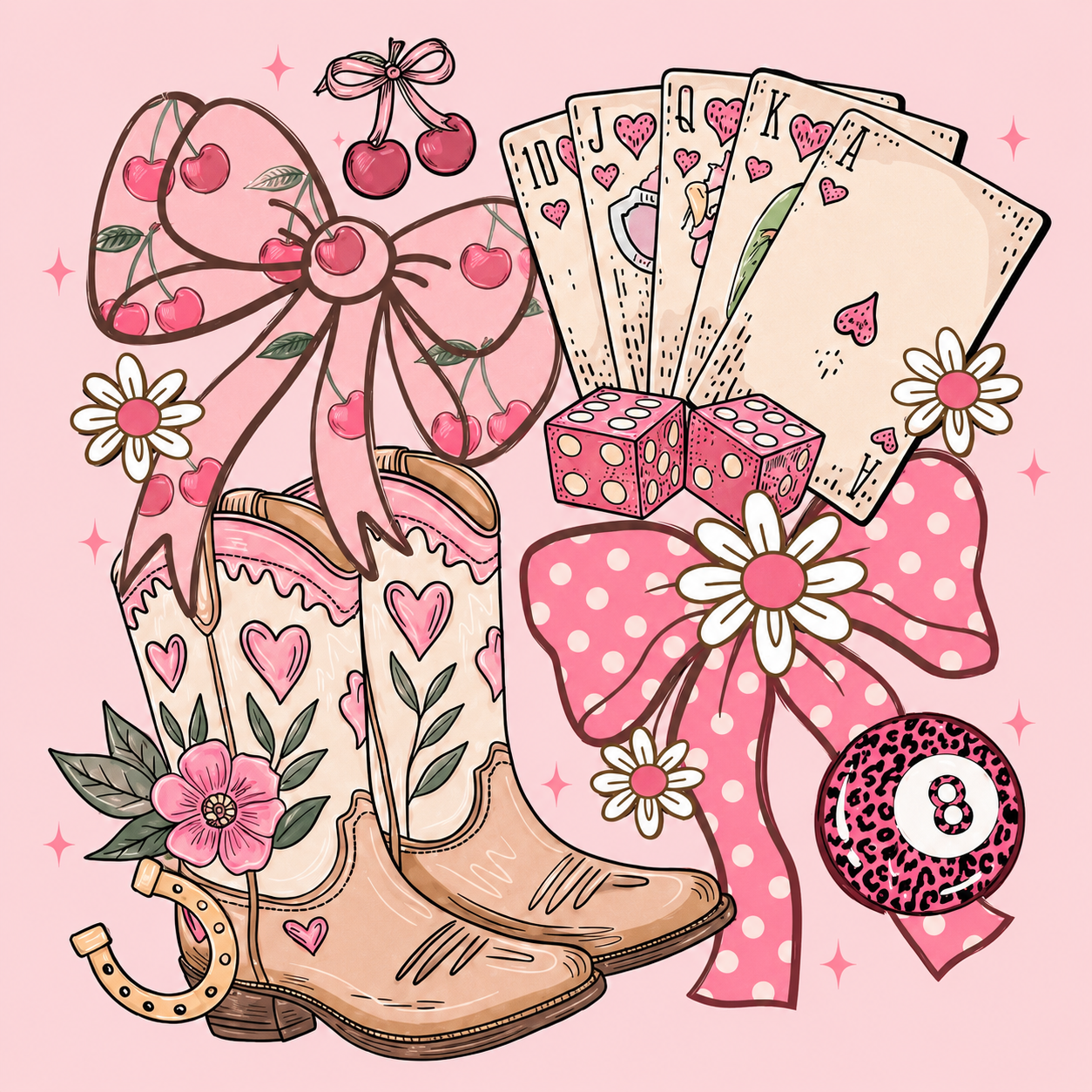 Cowgirl Boots and Poker Cards T-Shirt | Pink Ribbon Floral Western Design