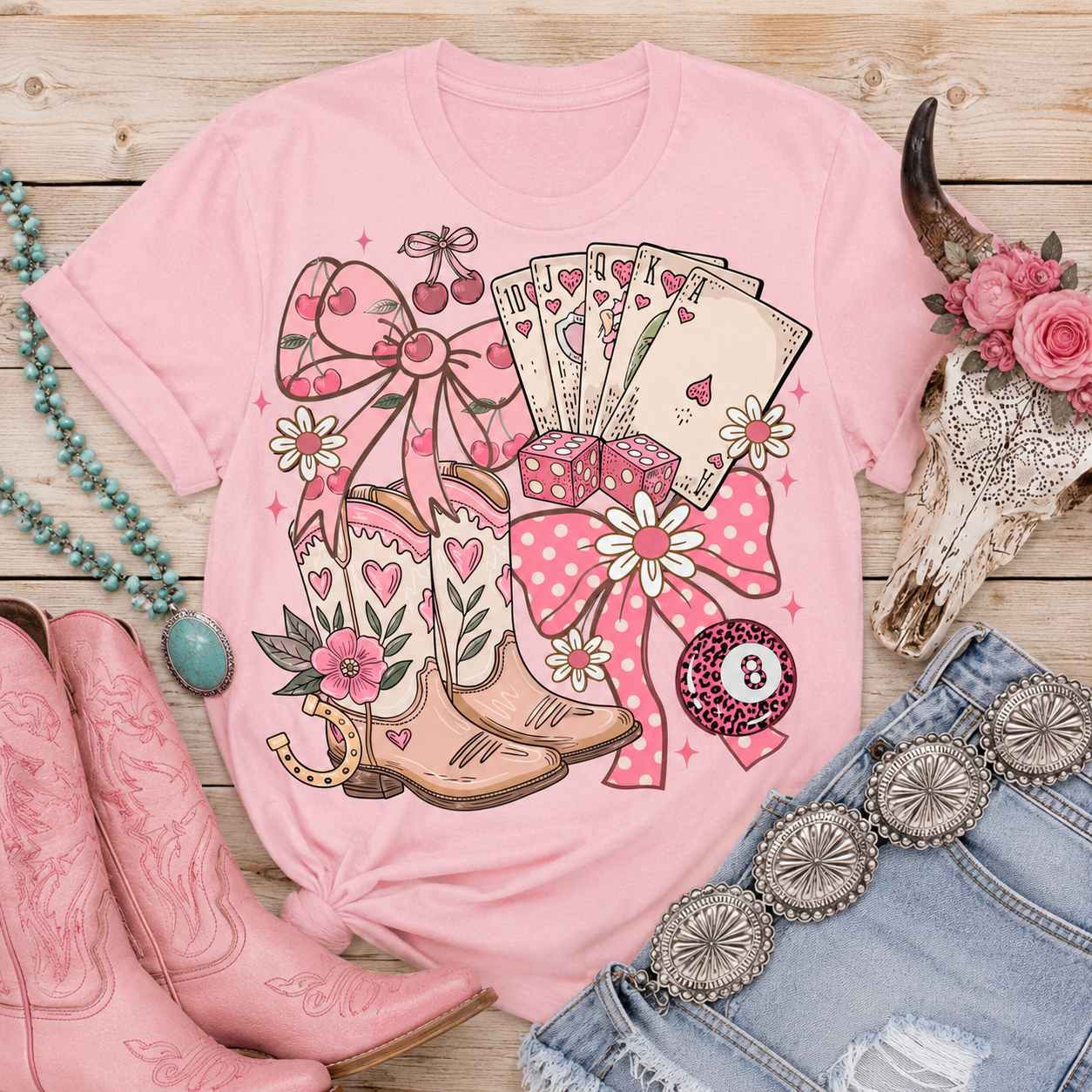 Cowgirl Boots and Poker Cards T-Shirt | Pink Ribbon Floral Western Design