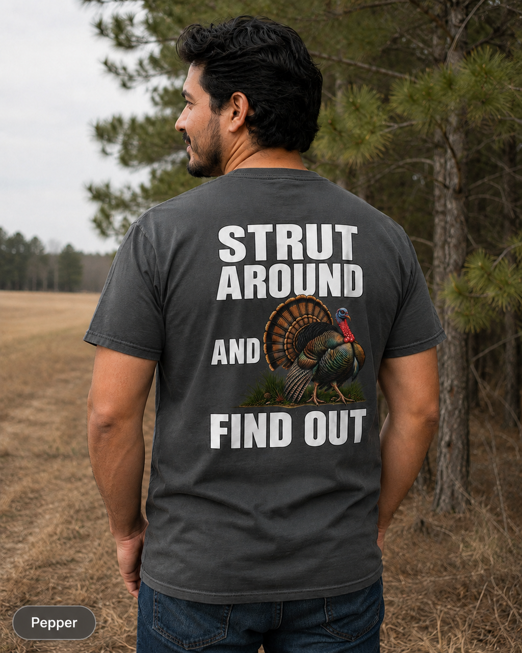 Strut Around and Find Out Turkey T-Shirt | Yee Haw Energy chest logo