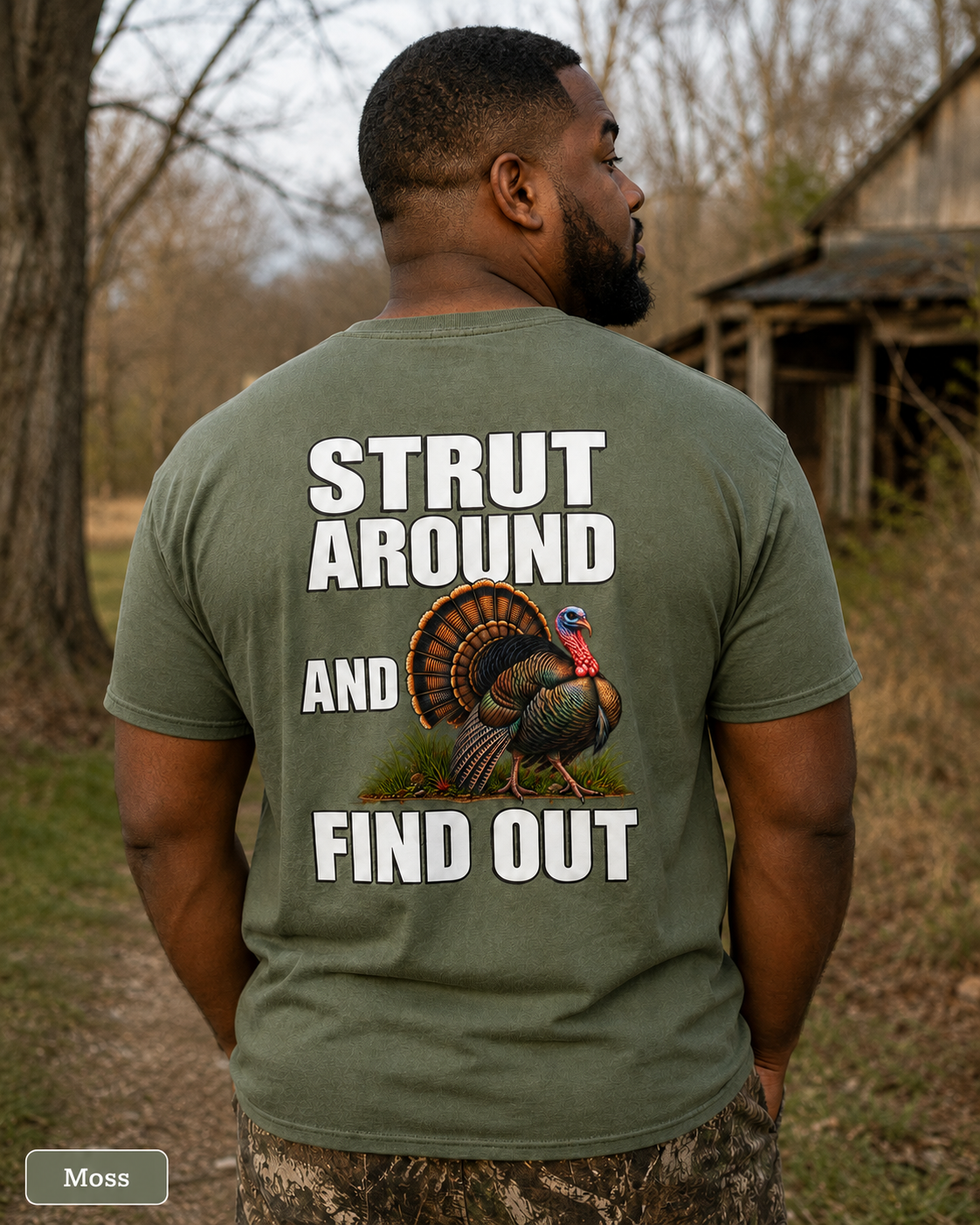 Strut Around and Find Out Turkey T-Shirt | Yee Haw Energy chest logo