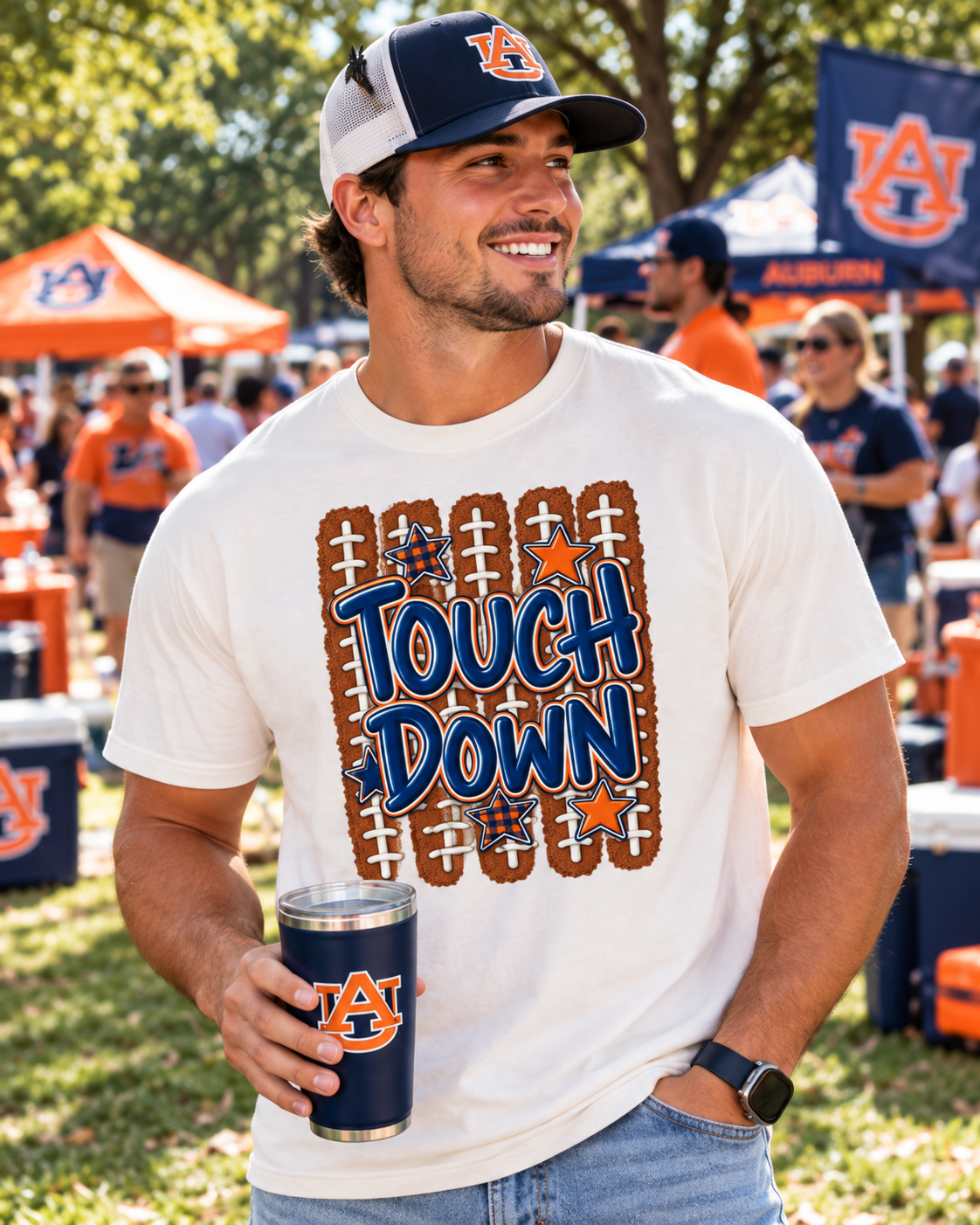 Touchdown Football Graphic T-shirt | Football Laces, Stars, Bold Lettering