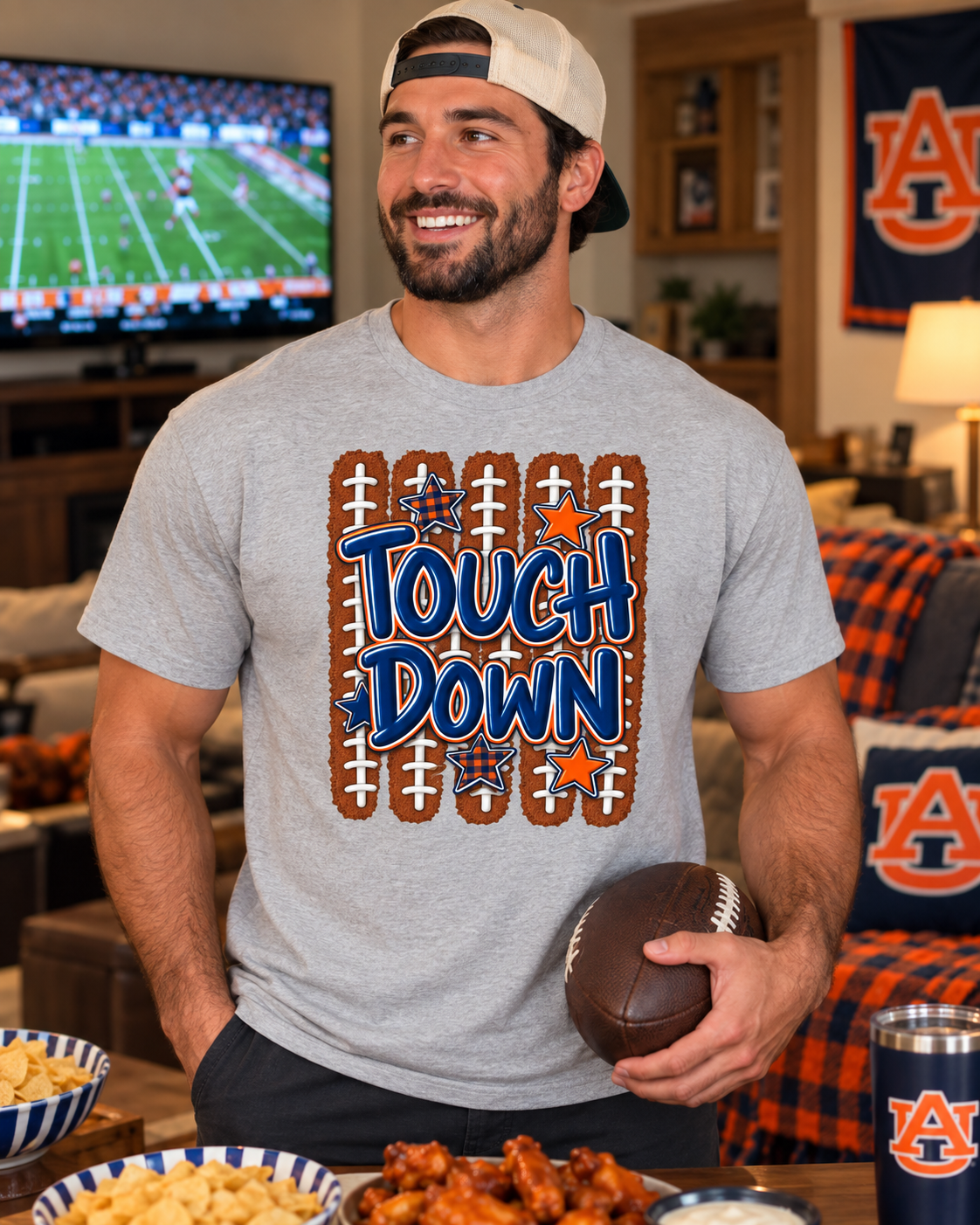 Touchdown Football Graphic T-shirt | Football Laces, Stars, Bold Lettering