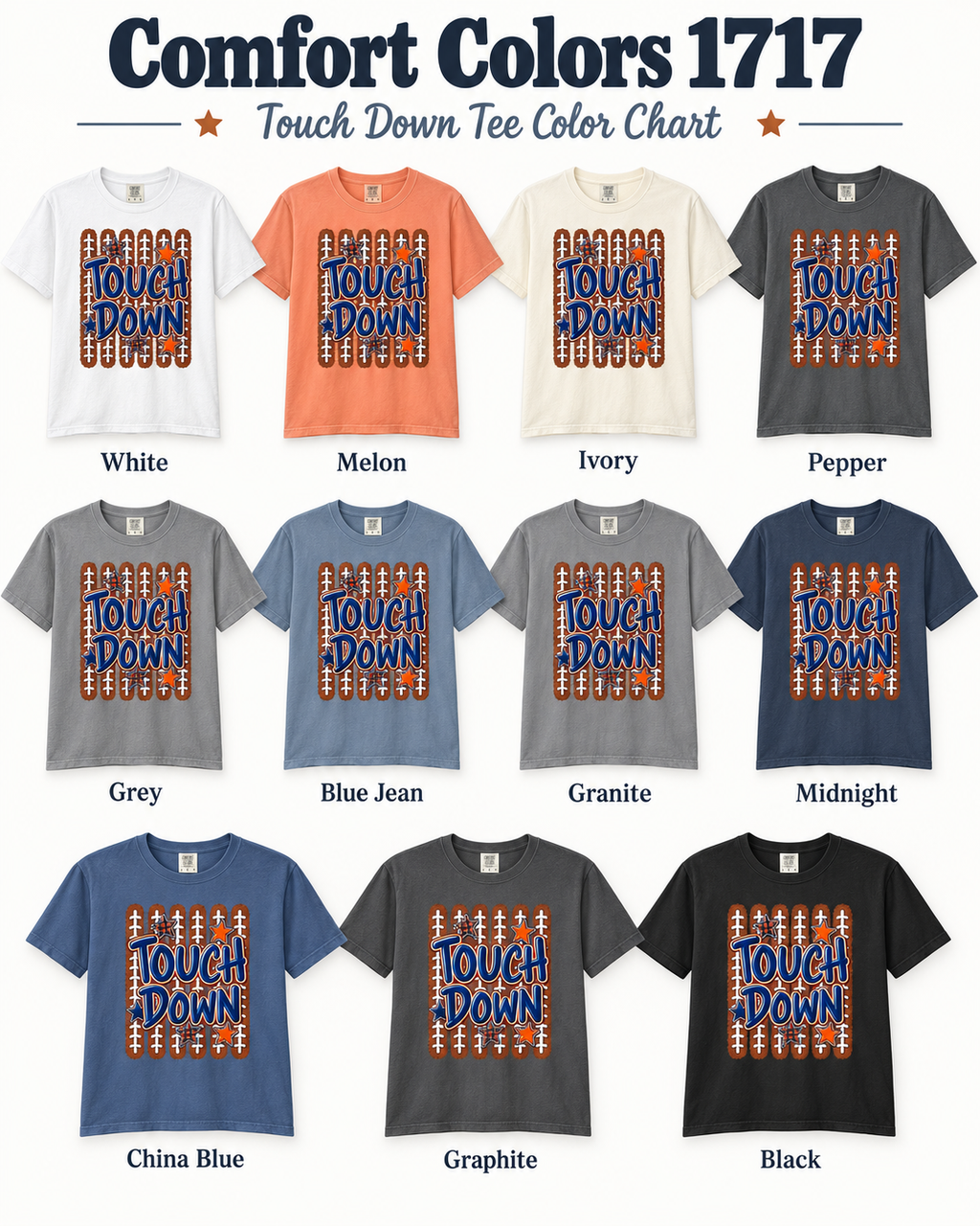 Touchdown Football Graphic T-shirt | Football Laces, Stars, Bold Lettering