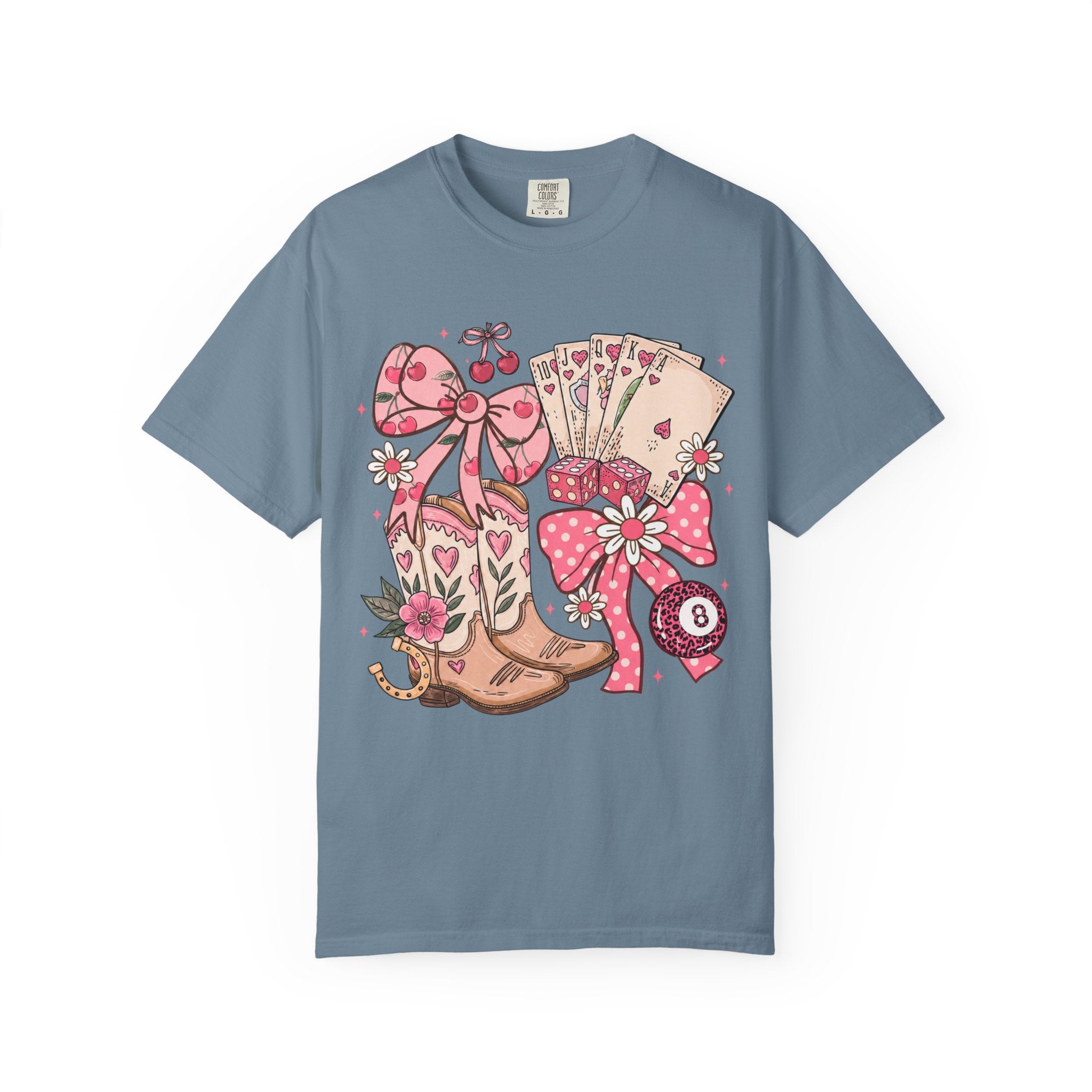 Cowgirl Boots and Poker Cards T-Shirt | Pink Ribbon Floral Western Design