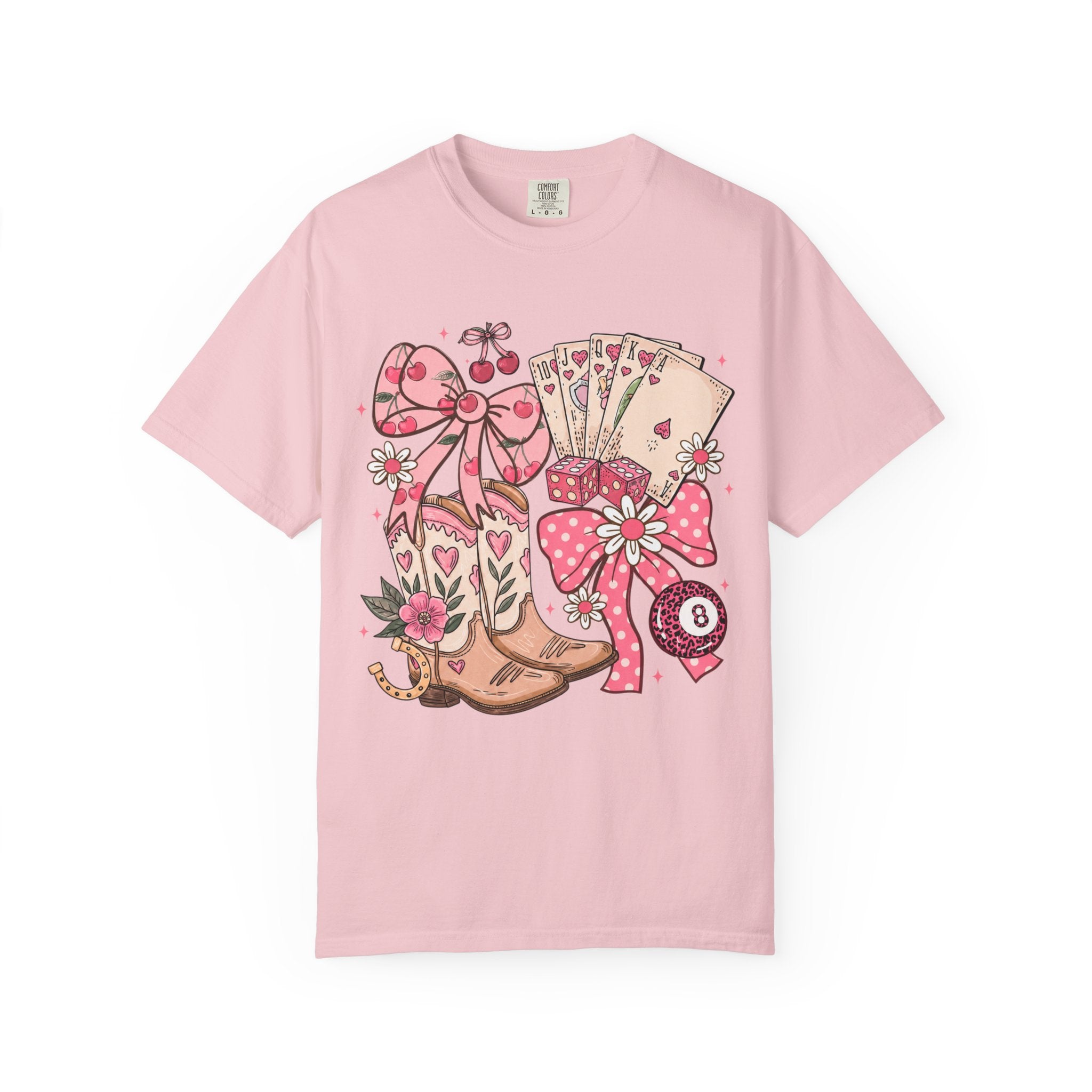 Cowgirl Boots and Poker Cards T-Shirt | Pink Ribbon Floral Western Design