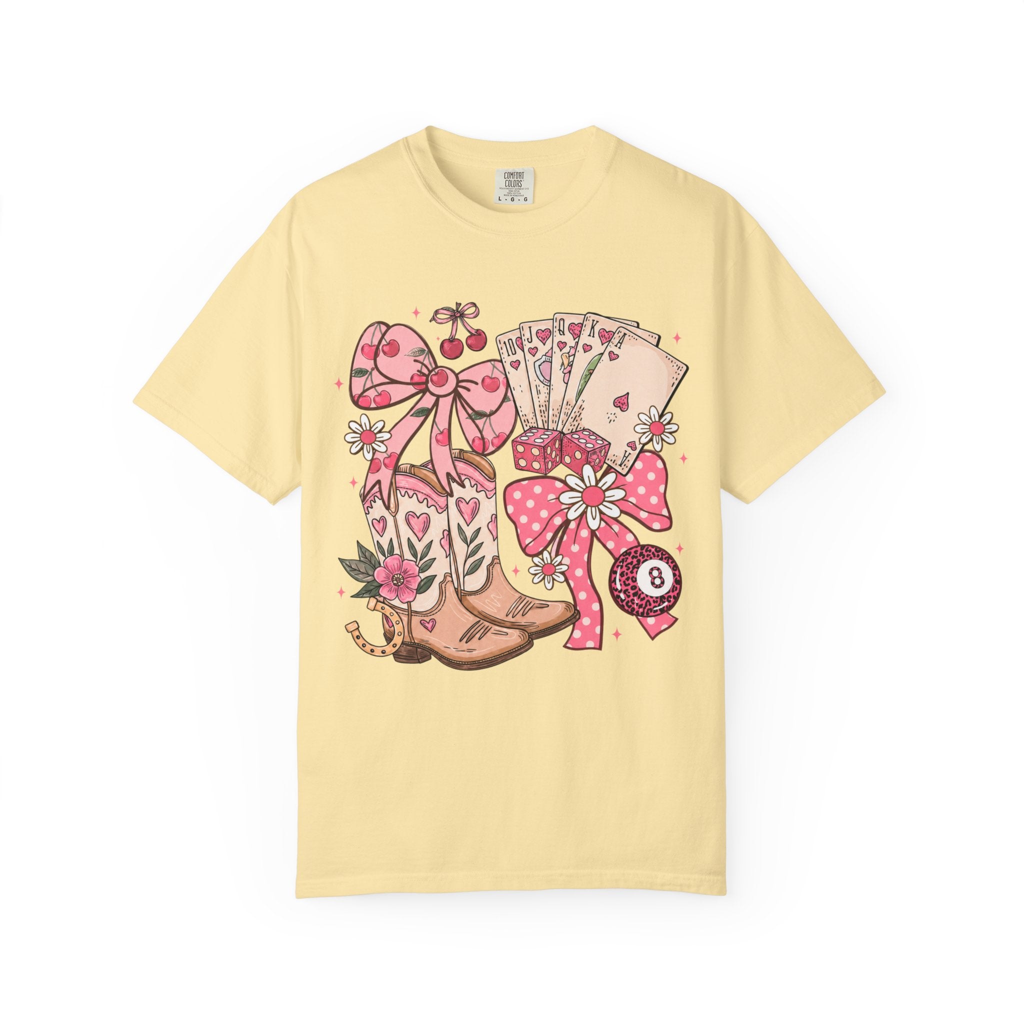 Cowgirl Boots and Poker Cards T-Shirt | Pink Ribbon Floral Western Design