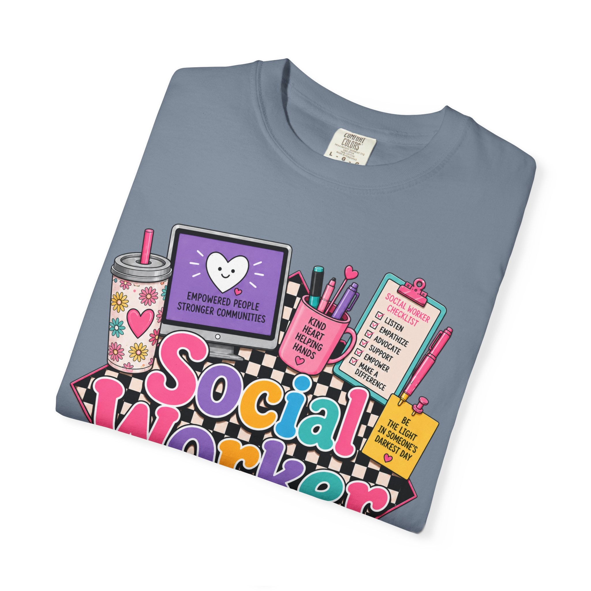 Social Worker graphic T-shirt | colorful icons, books, clipboard, coffee mug