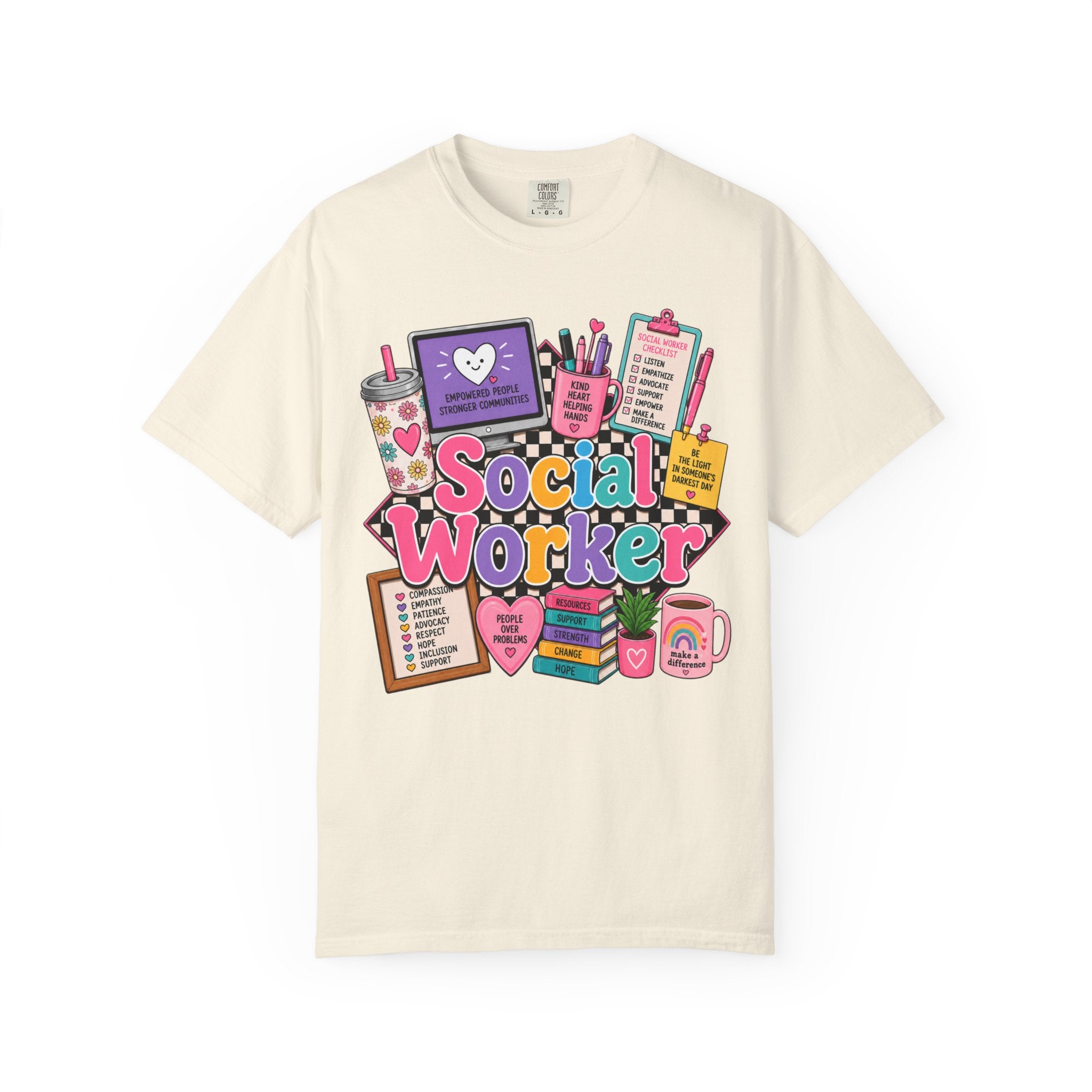 Social Worker graphic T-shirt | colorful icons, books, clipboard, coffee mug