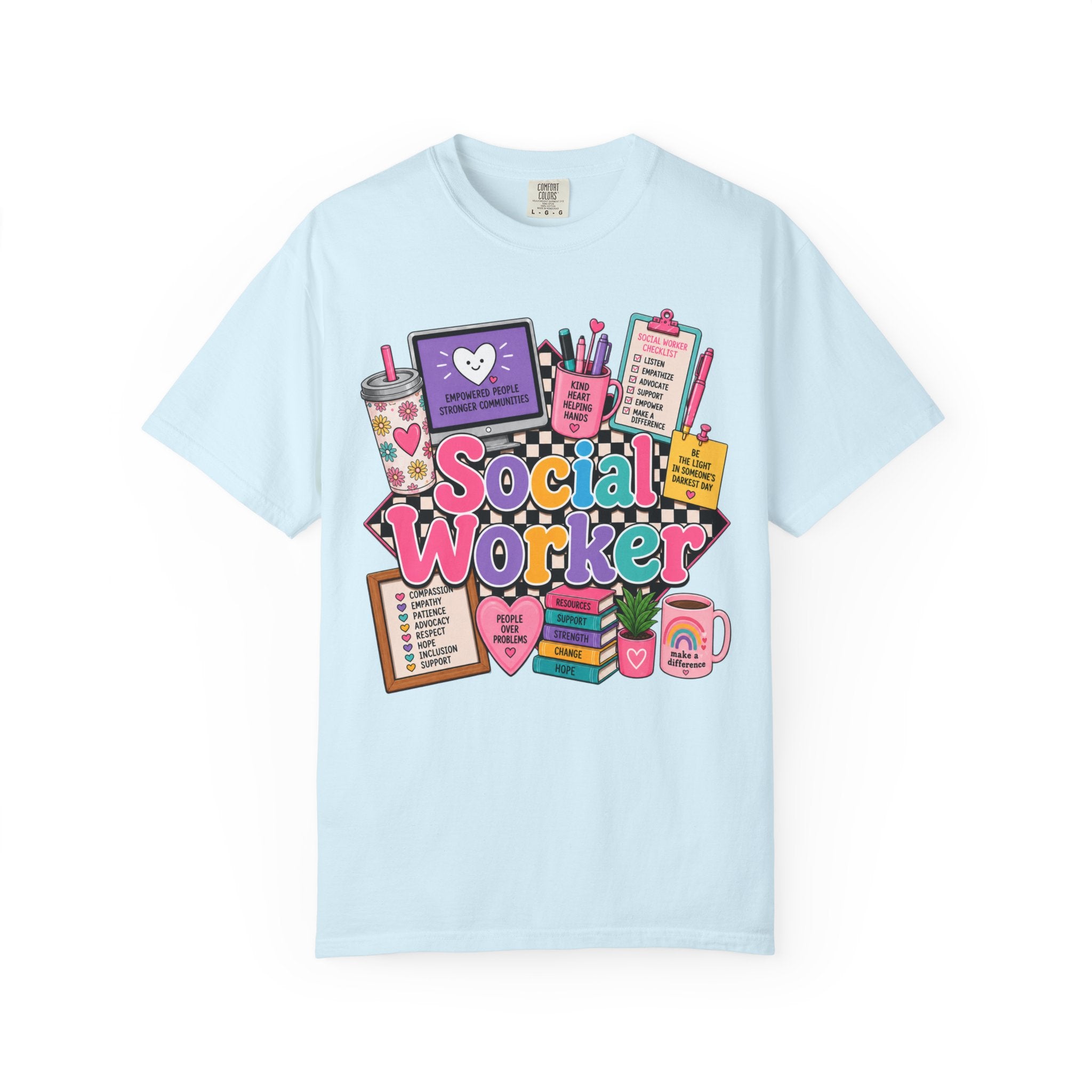 Social Worker graphic T-shirt | colorful icons, books, clipboard, coffee mug