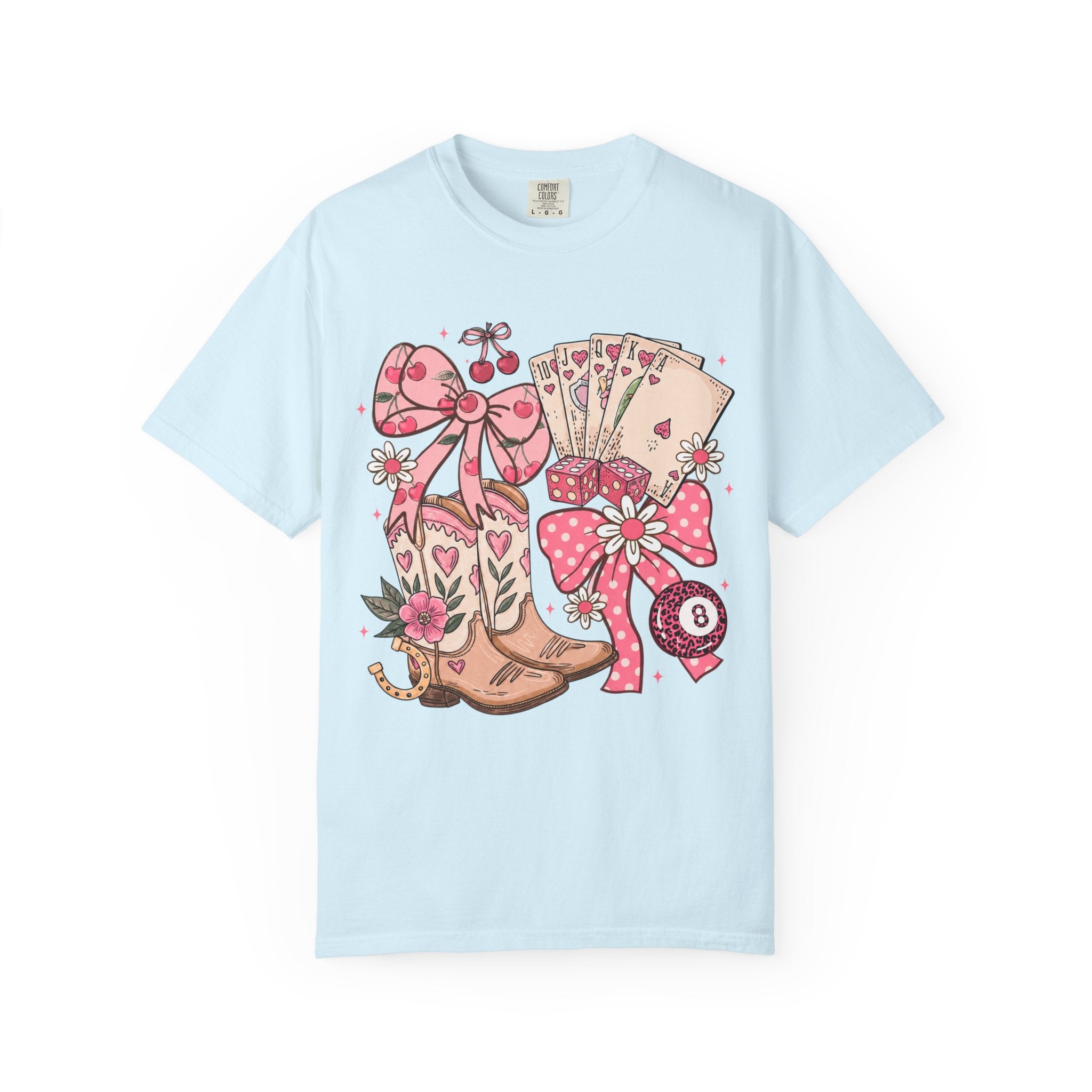 Cowgirl Boots and Poker Cards T-Shirt | Pink Ribbon Floral Western Design