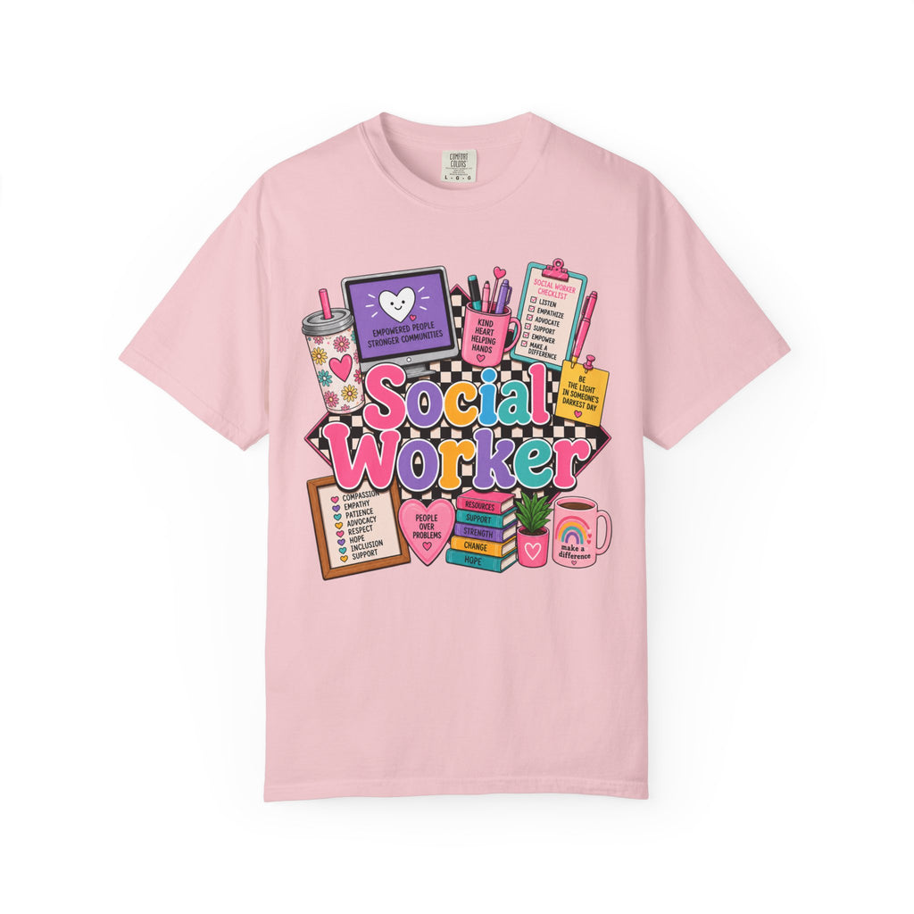 Social Worker graphic T-shirt | colorful icons, books, clipboard, coffee mug
