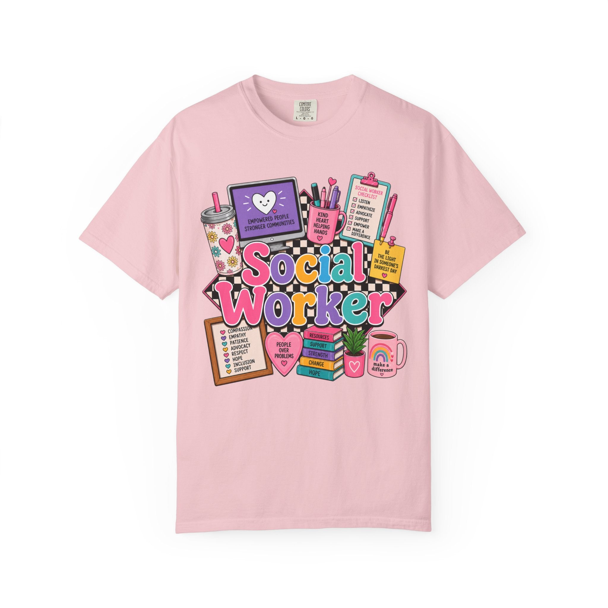Social Worker graphic T-shirt | colorful icons, books, clipboard, coffee mug