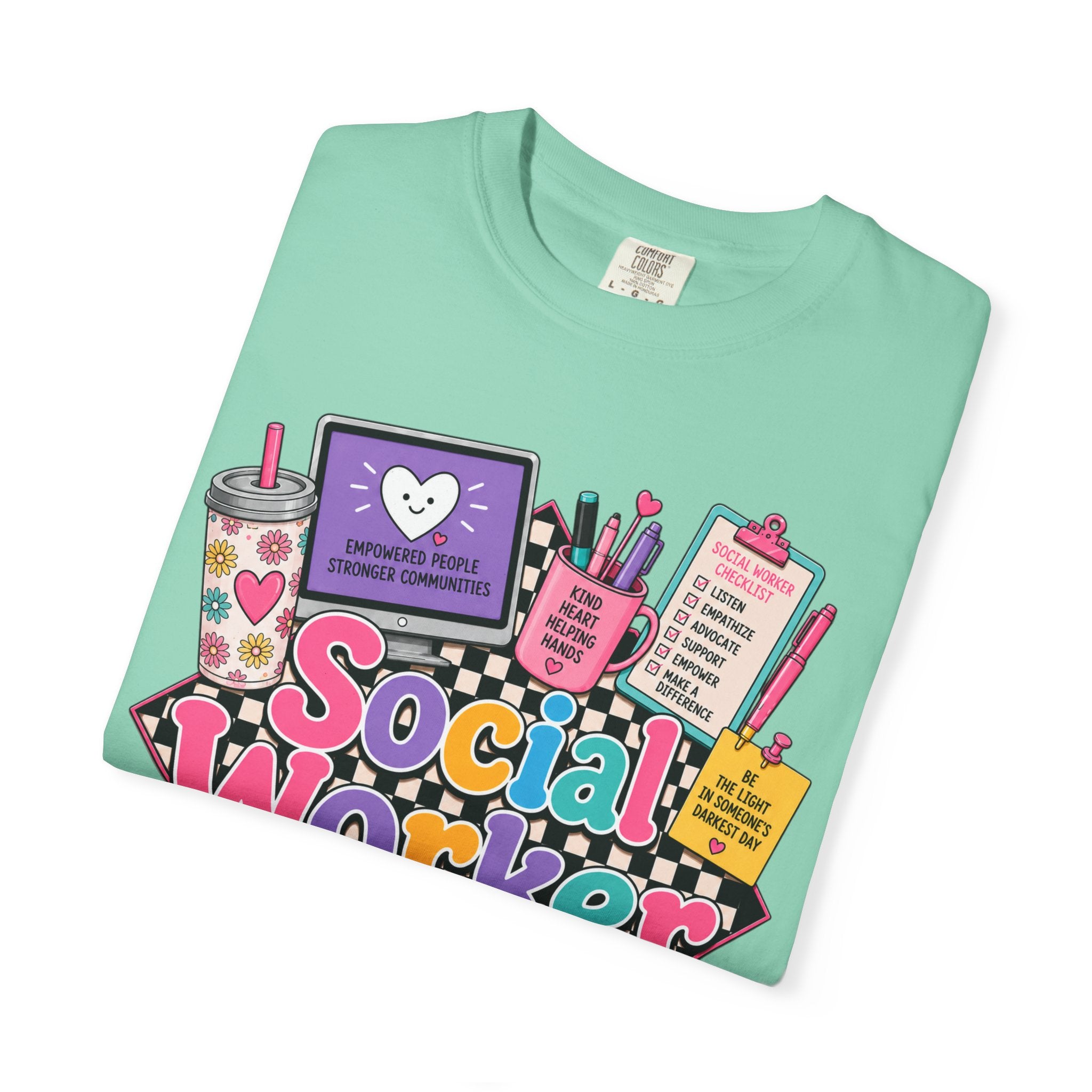Social Worker graphic T-shirt | colorful icons, books, clipboard, coffee mug