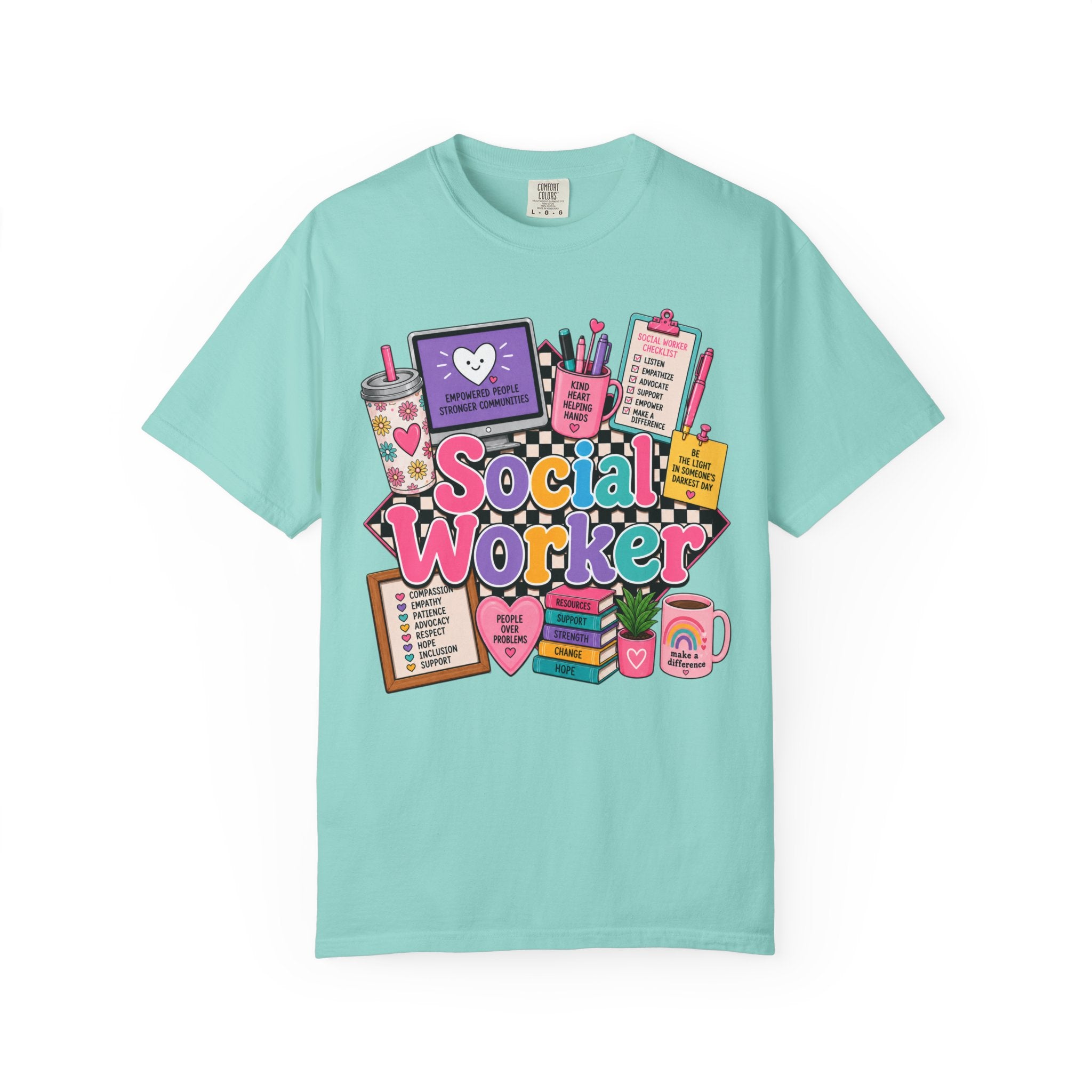 Social Worker graphic T-shirt | colorful icons, books, clipboard, coffee mug