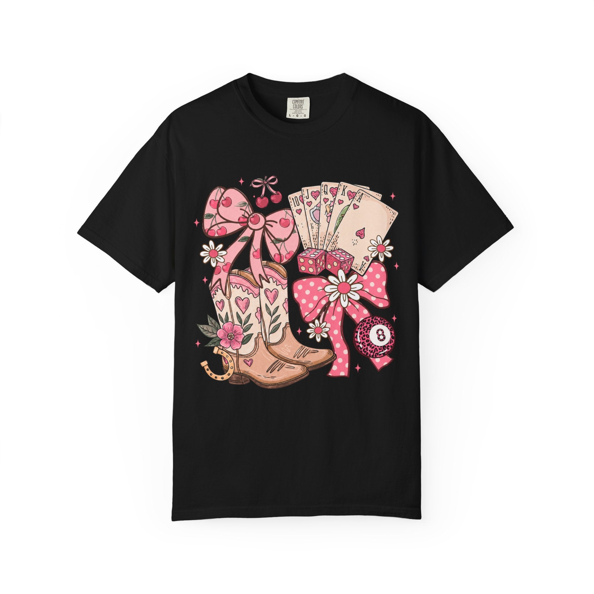 Cowgirl Boots and Poker Cards T-Shirt | Pink Ribbon Floral Western Design