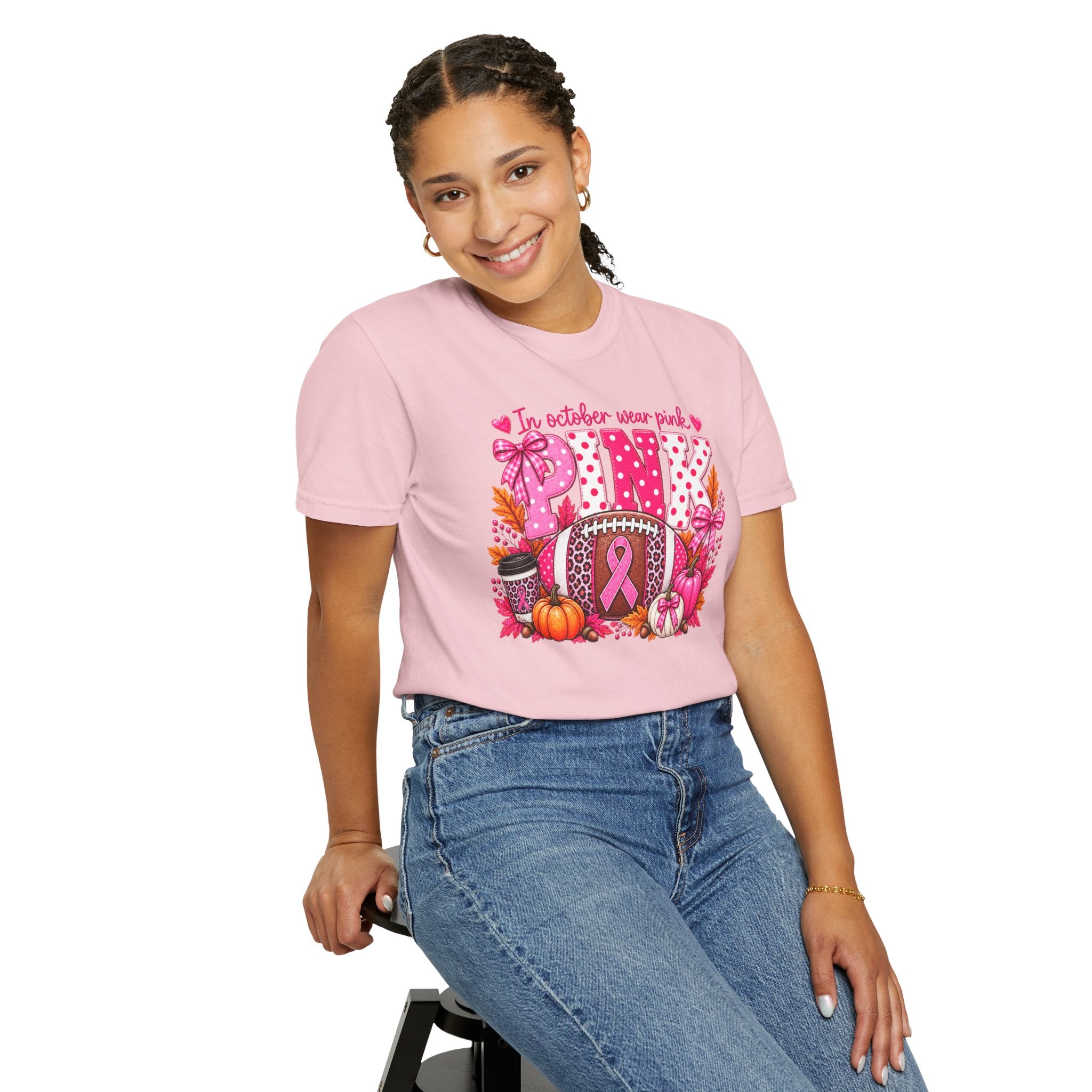Breast Cancer Awareness Fall Football T-Shirt — "In October Wear Pink"