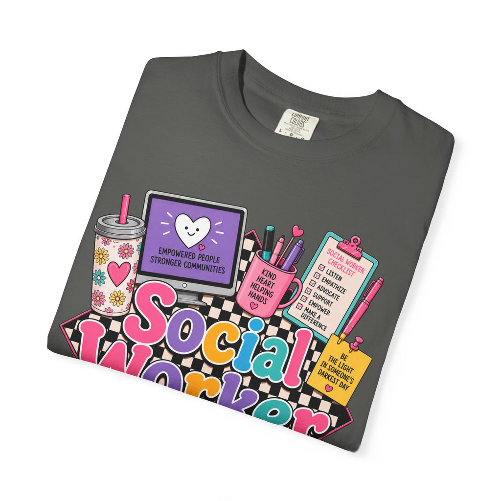 Social Worker graphic T-shirt | colorful icons, books, clipboard, coffee mug