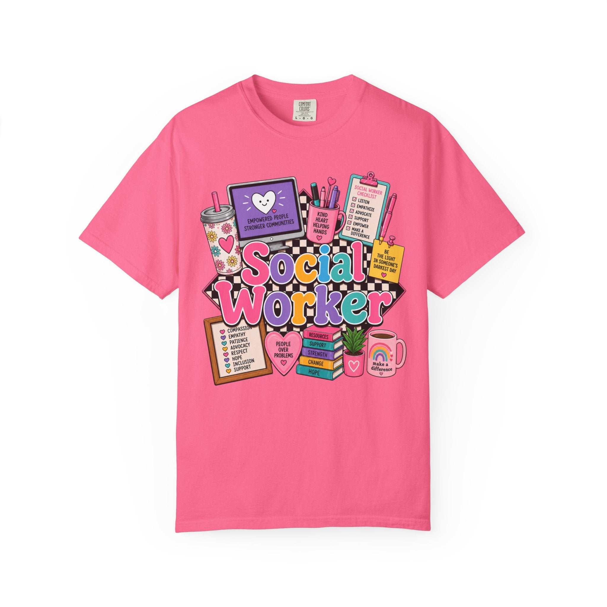 Social Worker graphic T-shirt | colorful icons, books, clipboard, coffee mug