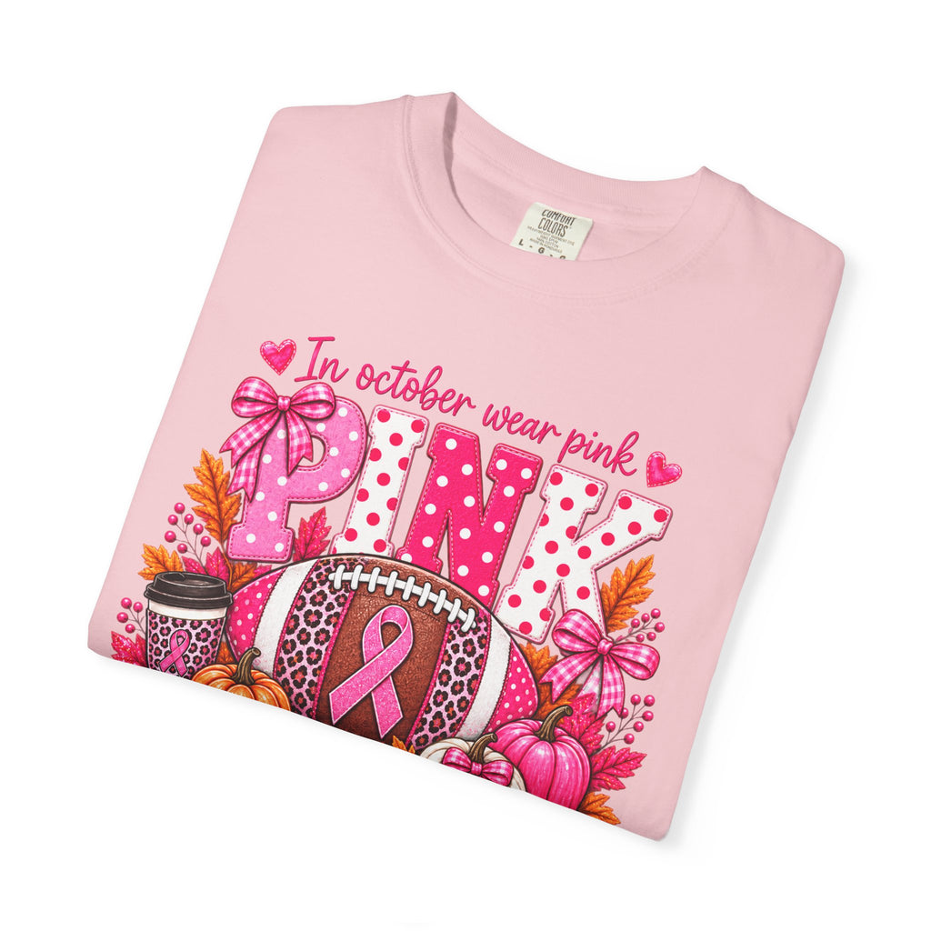 Breast Cancer Awareness Fall Football T-Shirt — "In October Wear Pink"