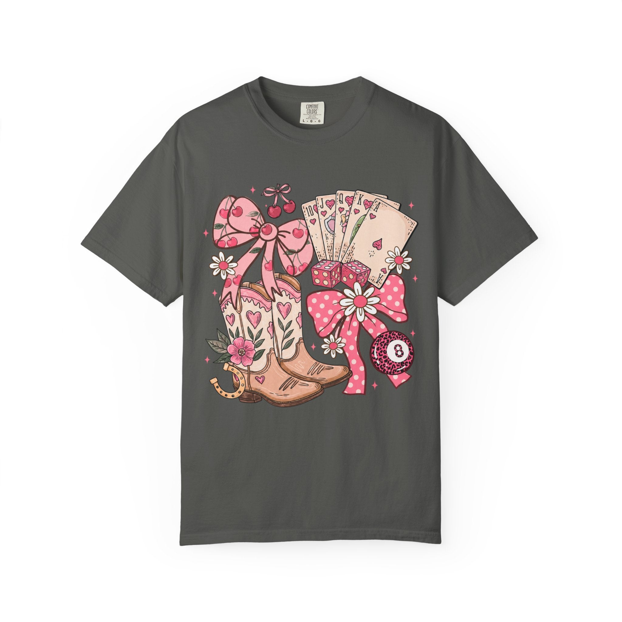 Cowgirl Boots and Poker Cards T-Shirt | Pink Ribbon Floral Western Design