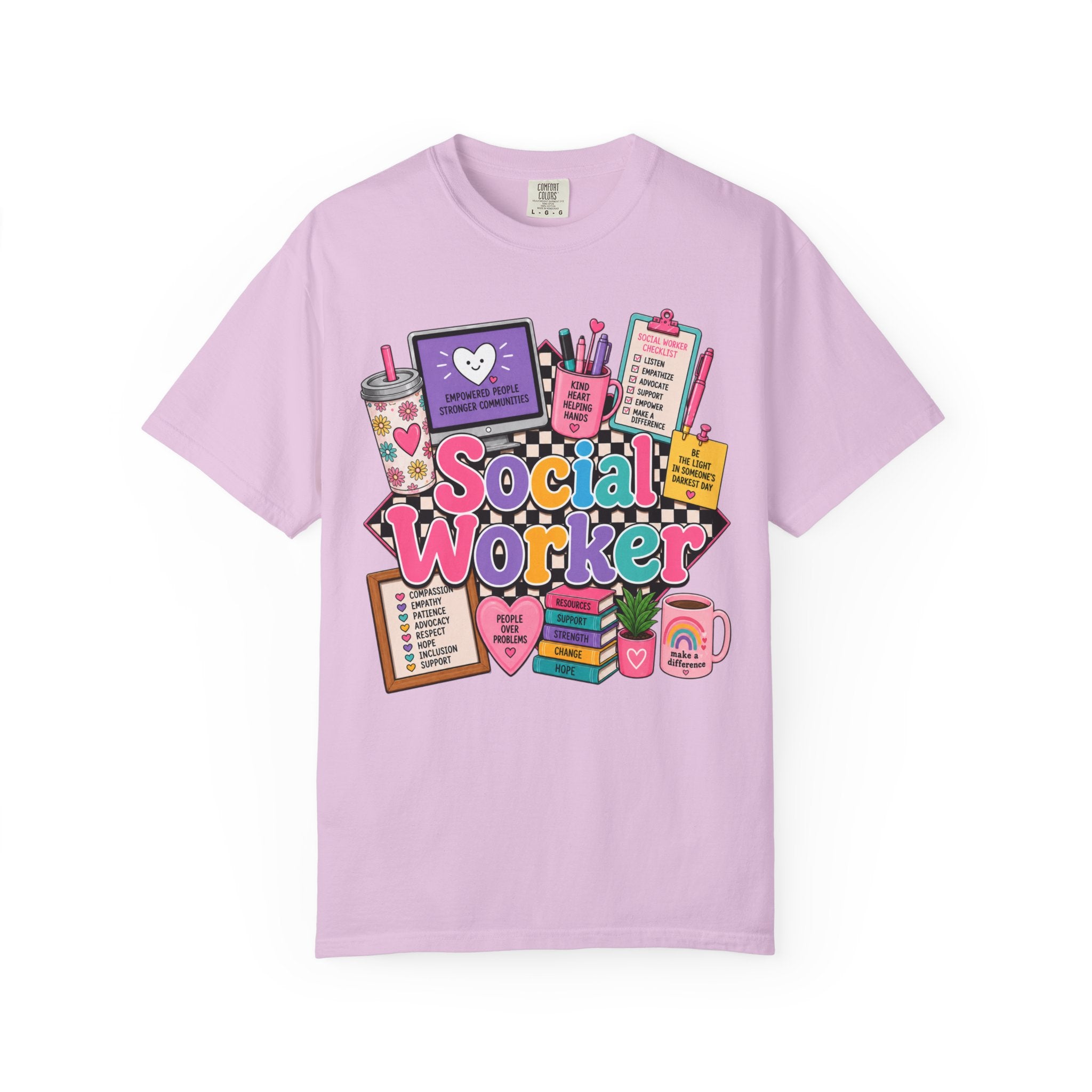 Social Worker graphic T-shirt | colorful icons, books, clipboard, coffee mug