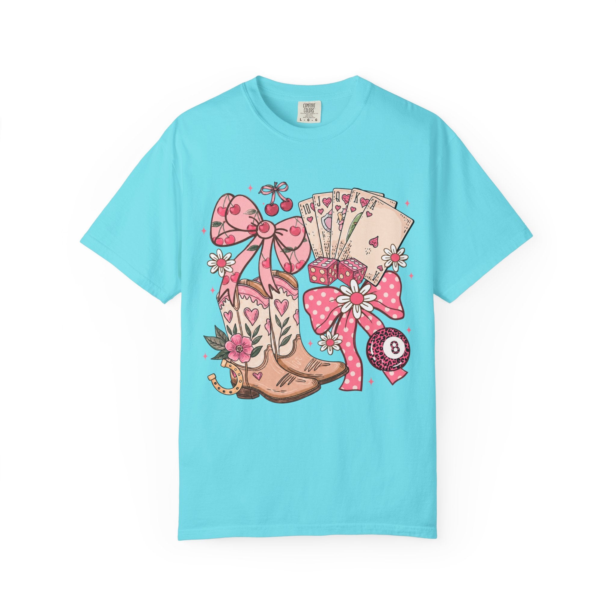 Cowgirl Boots and Poker Cards T-Shirt | Pink Ribbon Floral Western Design